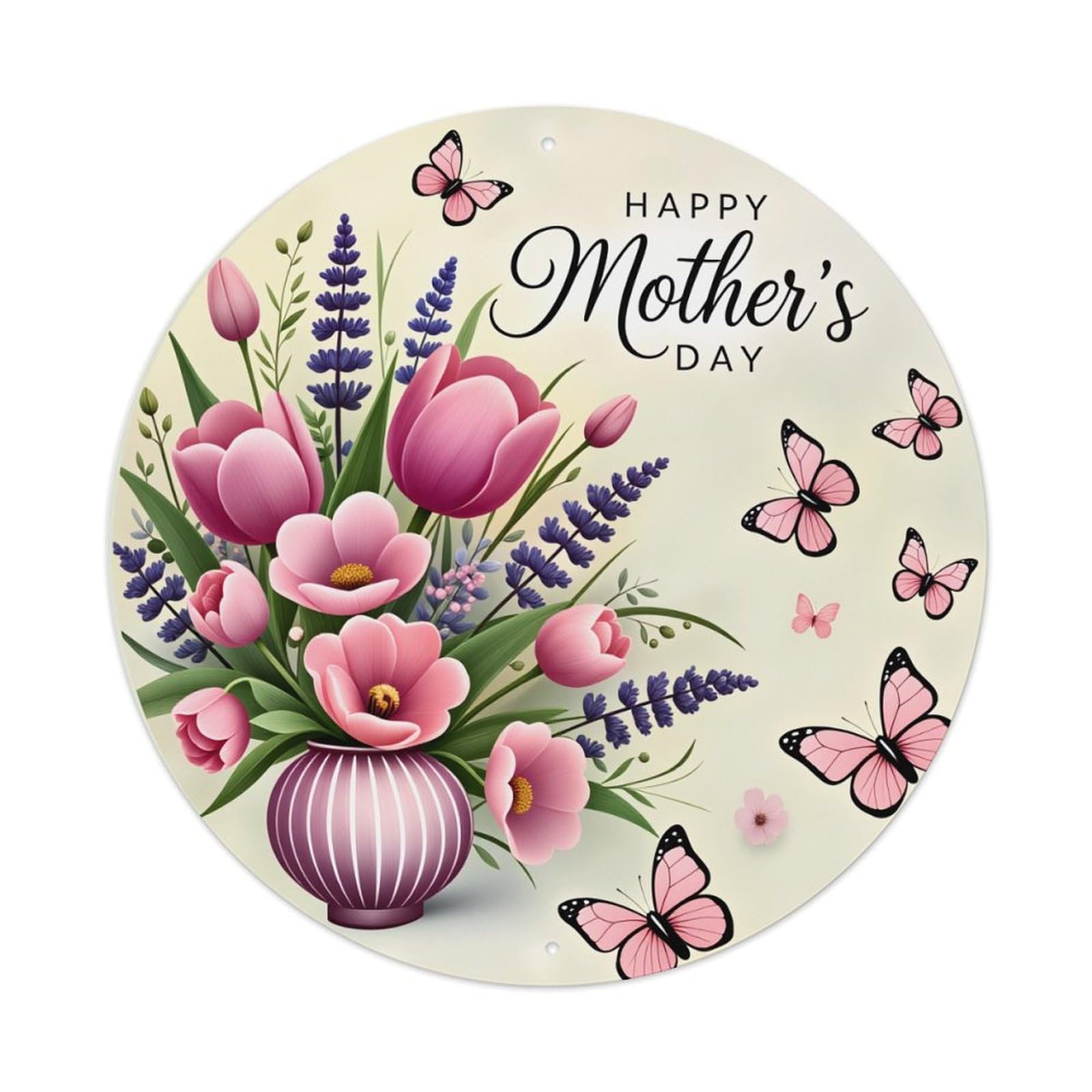 Floral Bouquet Butterflies Vase Pink Round Tin Sign Vintage Metal Poster Retro Bar, Home, Man Cave, Kitchen, Laundry Room Wall Art Decor Gift 8x8Inch
