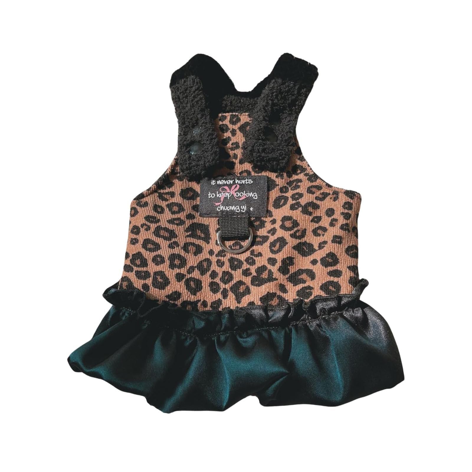HDKUW Small Dog Dresses with D-Ring & Plush Lining, Leopard Print Cozy Fleece-Lined Puppy Outfits for Small Dogs, Cold Weather Fashion Pet Clothes for Daily Walks/Holiday Parties S