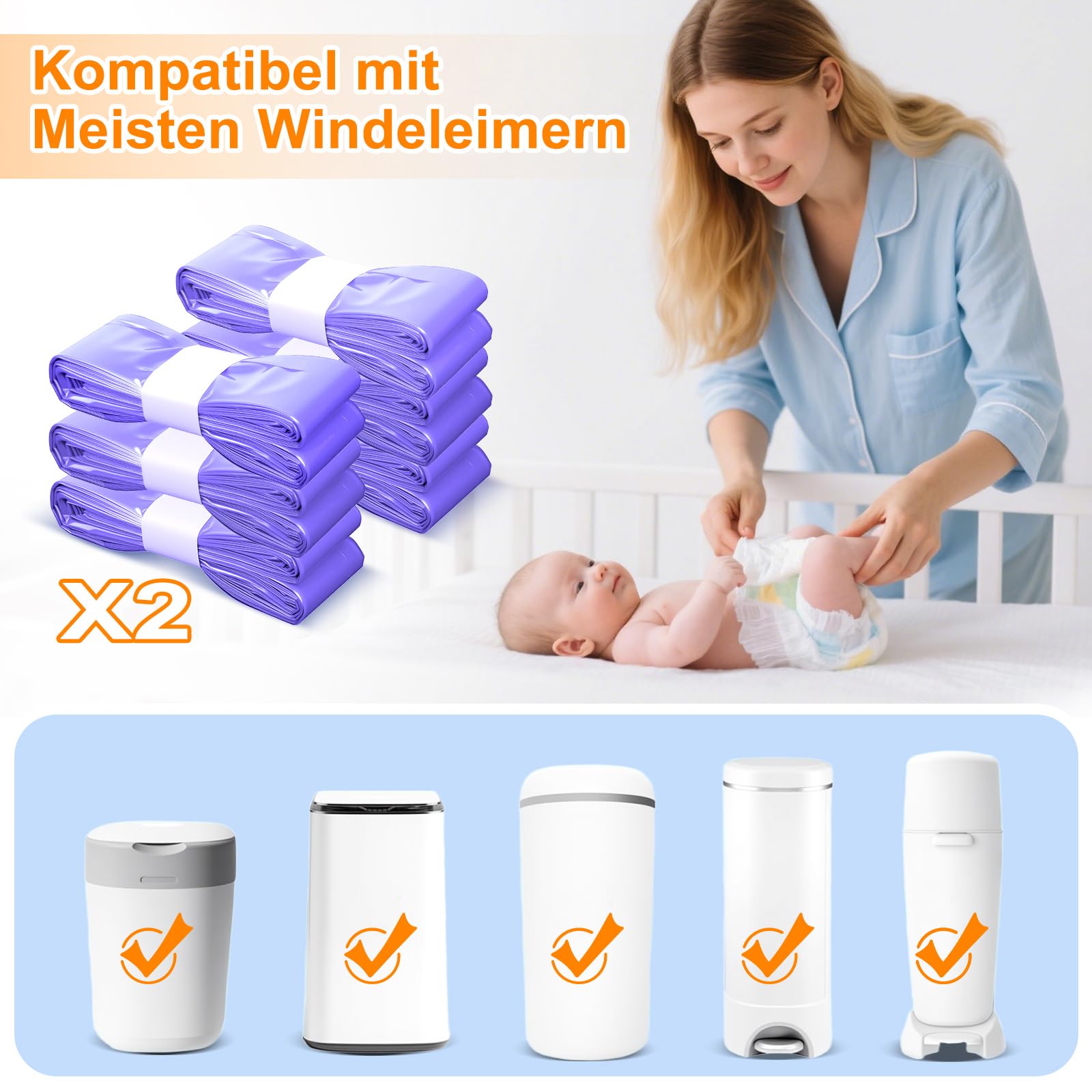 Lot de 12 recharges pour poubelle à couches, 4,5 m, compatibles avec AngelCare, Tommee Tippee, Litter Locker, sacs à couches