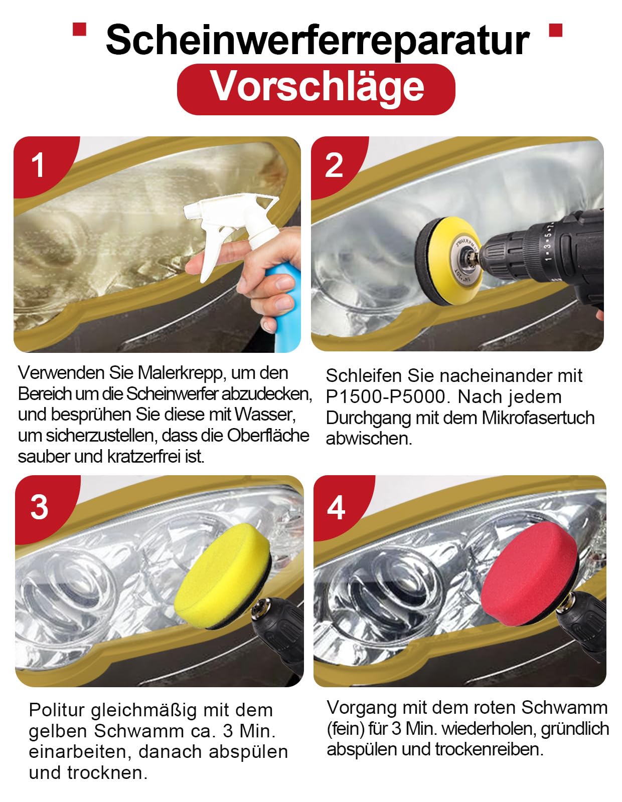 268 Stück Schleifpapier Klett 75mm, Körnung 80-5000 Scheinwerfer Aufbereitung Set- Polieraufsatz Akkuschrauber, Schleifaufsatz für Akkuschrauber, Auto, Holz, Scheinwerfer