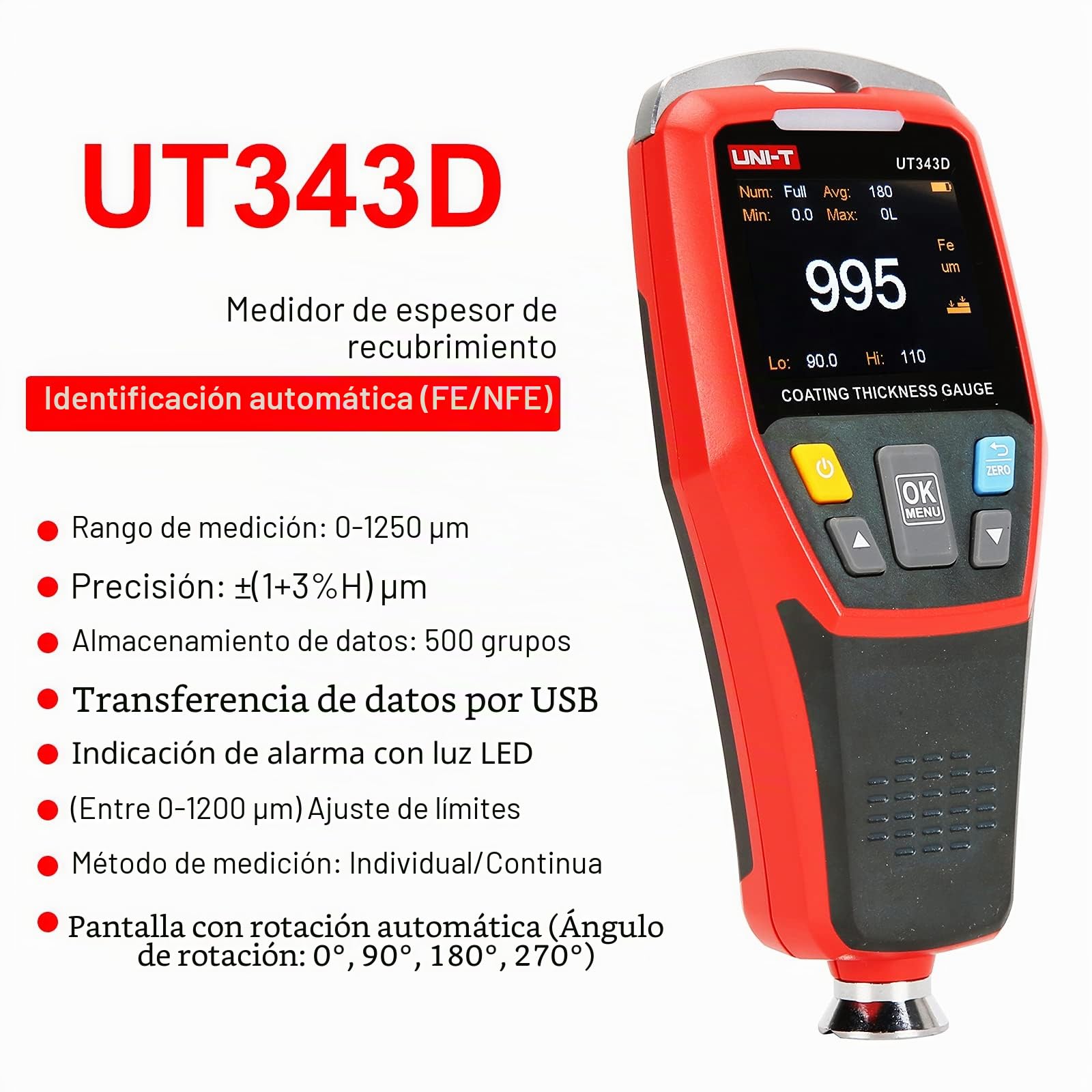 UNI-T UT343D Medidor de espesor de revestimiento digital Rango 0 a 1250um con función de datos USB