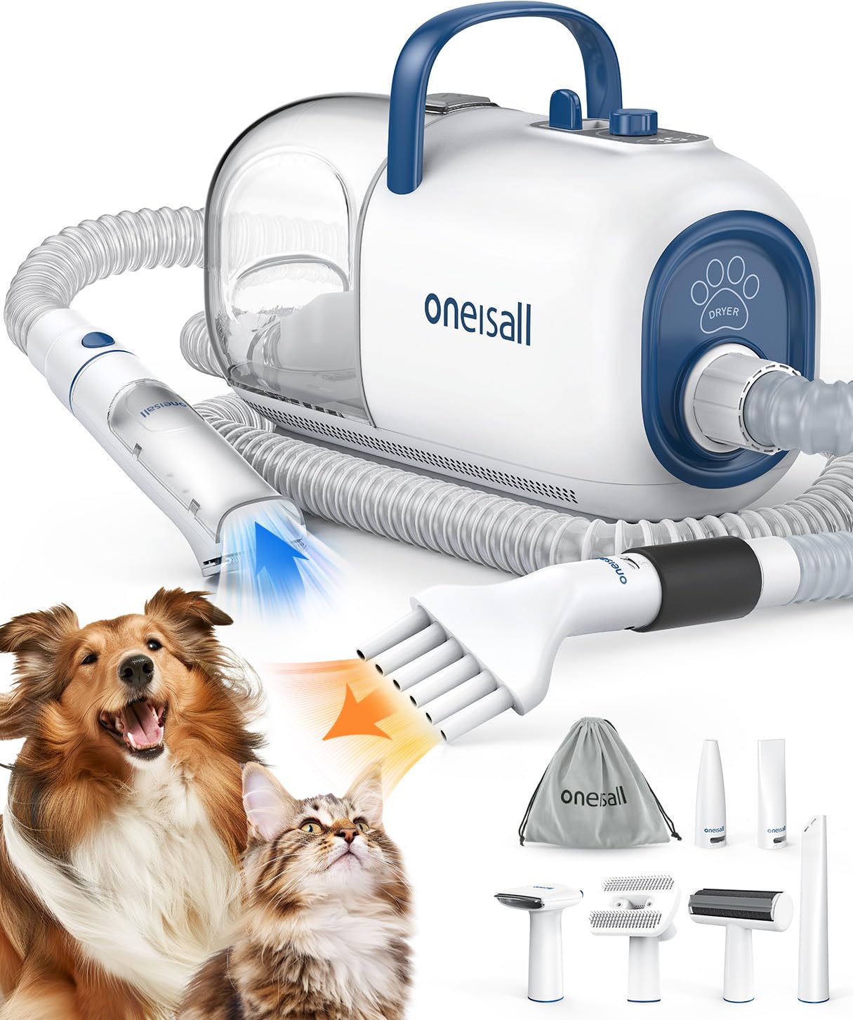 oneisall Secador y cortapelos al vacío para peluquería canina, 15000 Pa, kit de aseo para perros para recortar y secar, 7 niveles de temperatura de soplado, flujo de aire ajustable, 2,5 L