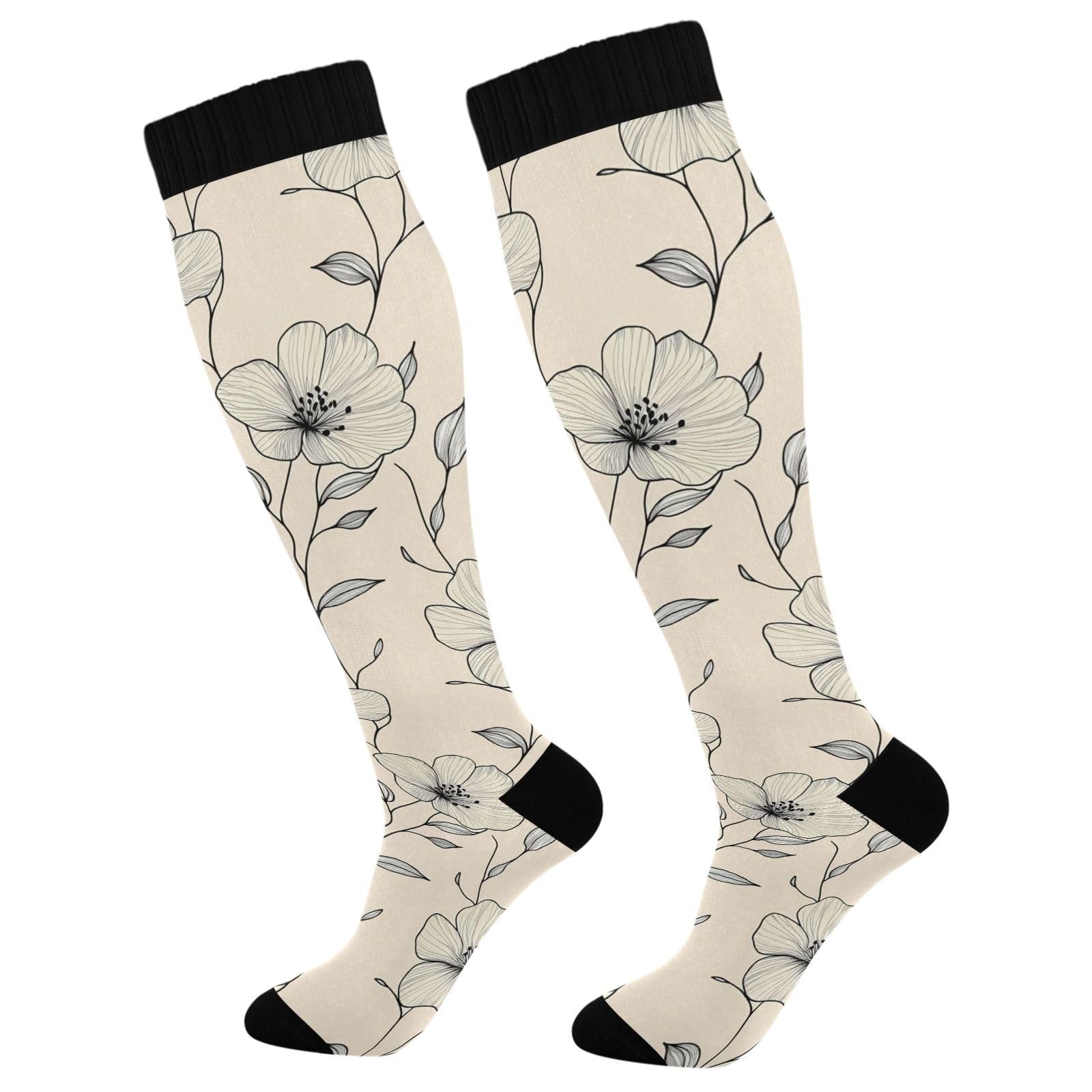Wassud Subtle Floral Stripe Compression Socks for Women and Men 20-30 mmHg Knee High Socks for Nurses Travel Socks 1 Pair