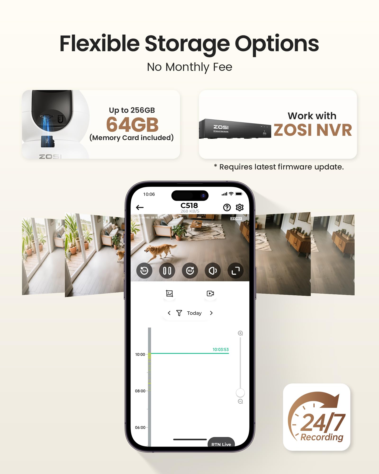 ZOSI 4K C518 Cámara Vigilancia Seguridad WiFi Interior para Bebé/Mascota, Detección y Seguimiento de Movimiento, Vista de 360°, Audio Bidireccional, 2.4G/5G WiFi, 64GB Tarjeta Incluida | Detección y seguimiento de personas/mascotas, giro de 360°, audio bi