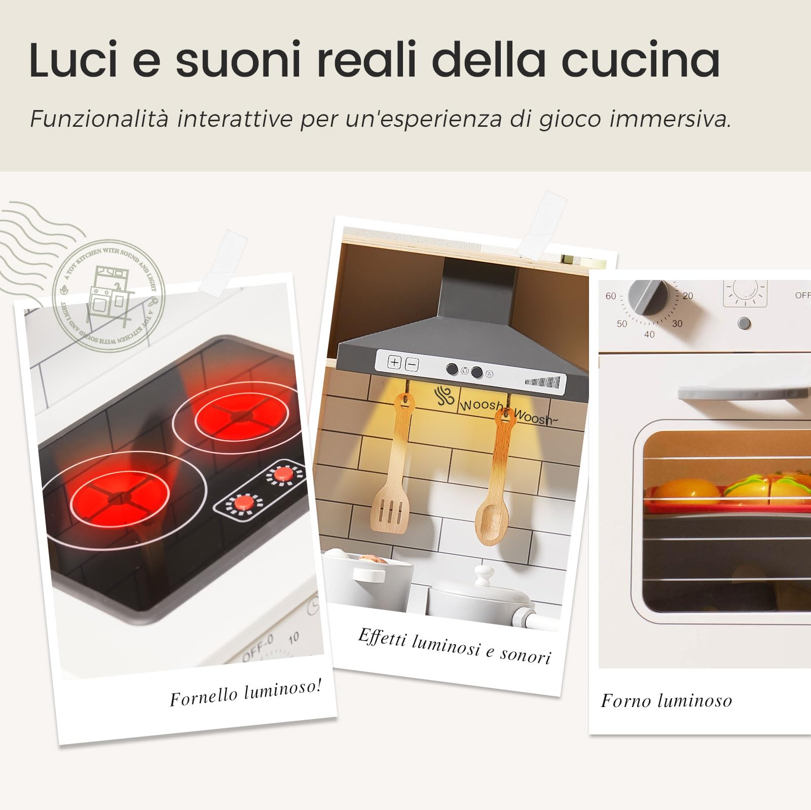 Tiny Land Cucina Giocattolo Per Bambini con 18 accessori per cibo e pentole giocattolo Set da gioco Set da gioco per chef in legno per bambini con luci e suoni reali