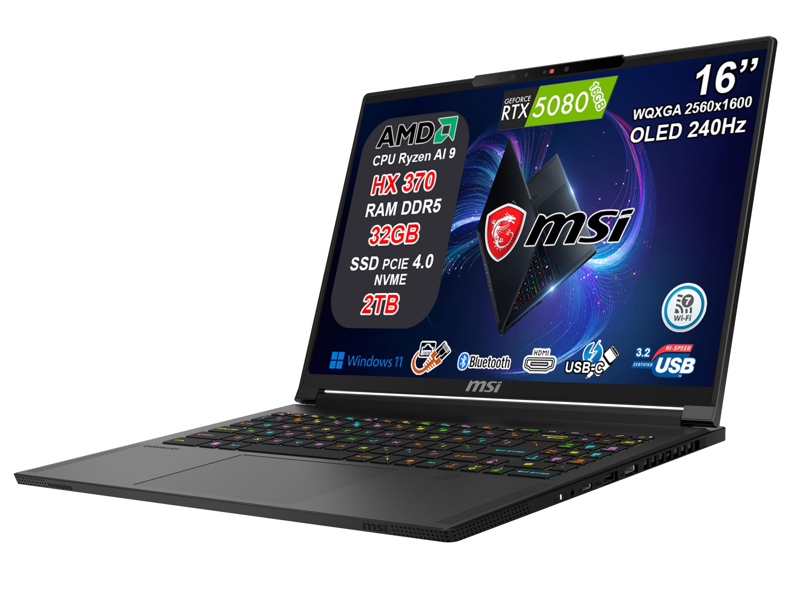 msi Stealth A16 AI+ Notebook Gaming Ryzen AI 9 HX 370, RTX 5080 16GB GDDR7, 32GB RAM, 2TB SSD, 16" QHD+ OLED HDR 240Hz 100% DCI-P3, Thunderbolt 4, Wi-Fi 7, Tastiera RGB, Fingerprint, Windows 11