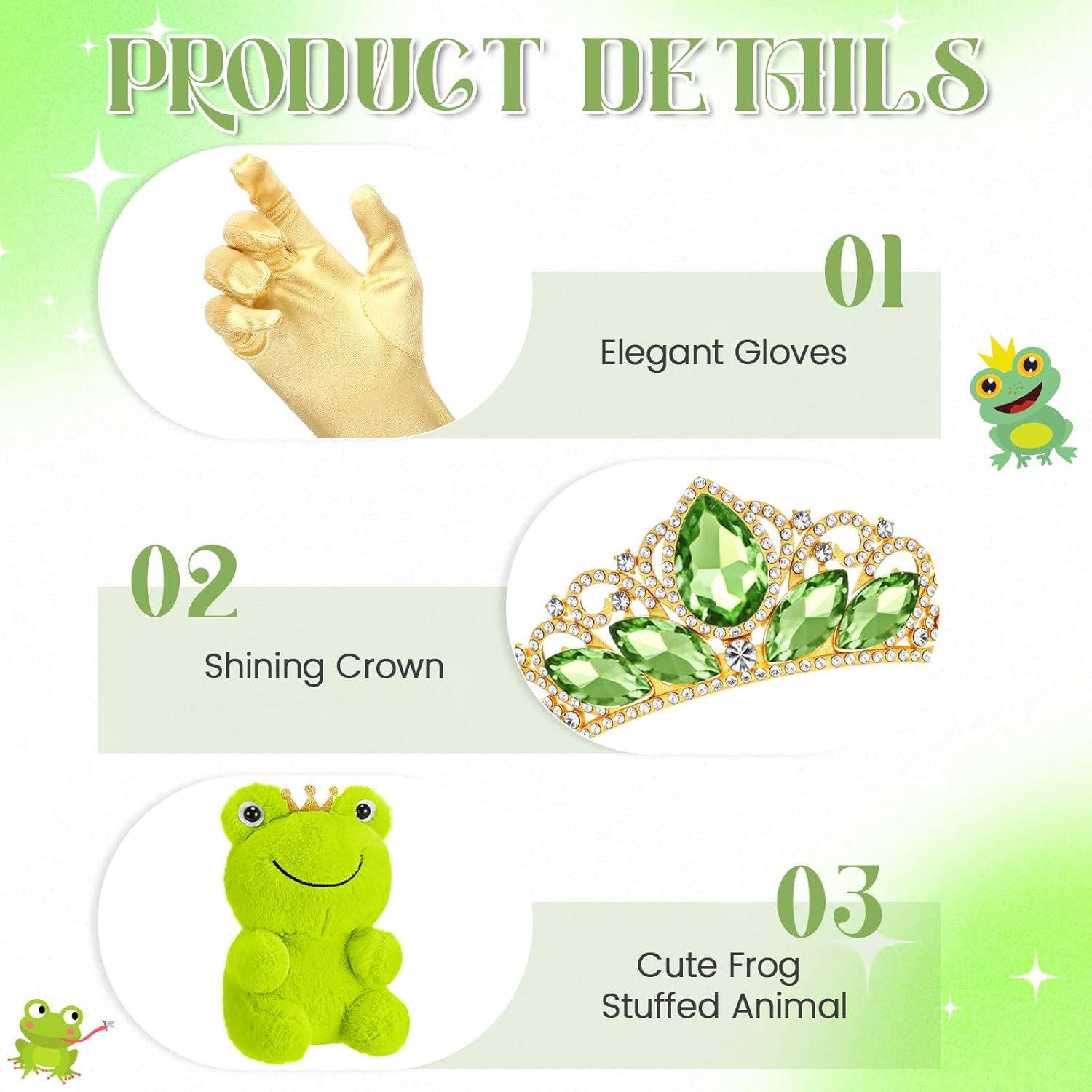 Preboun Princess Costume Accessories for Women,Green Tiara Crown Gloves Stuffed Frog Set for Halloween Cosplay Dress up Party - Image 5