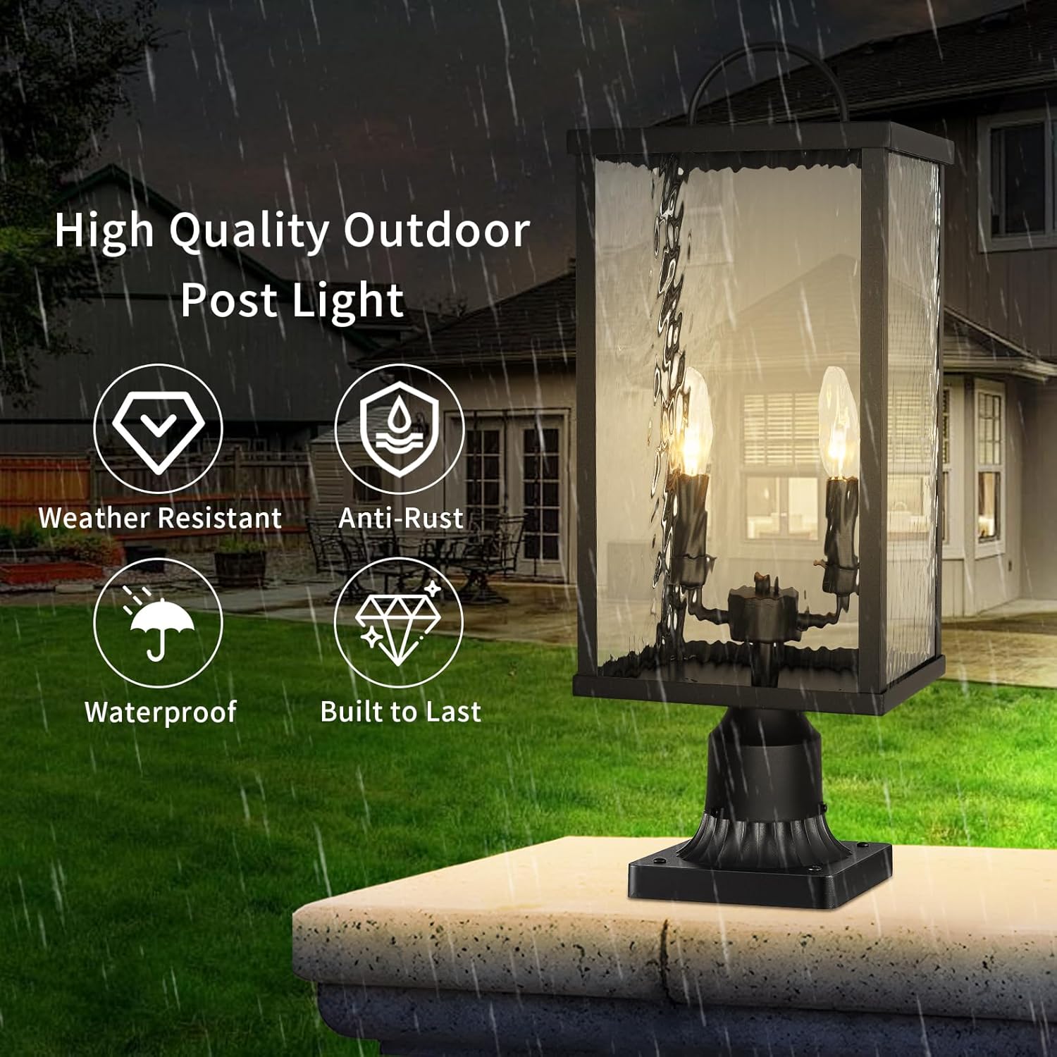 Outdoor Post Light Fixture, Modern Black Pole Lantern with Water Ripple Glass, Farmhouse Exterior Post Cap Lamp with E12 Sockets for Garden, Pathway, Courtyard, Patio, Porch, Driveway, Street