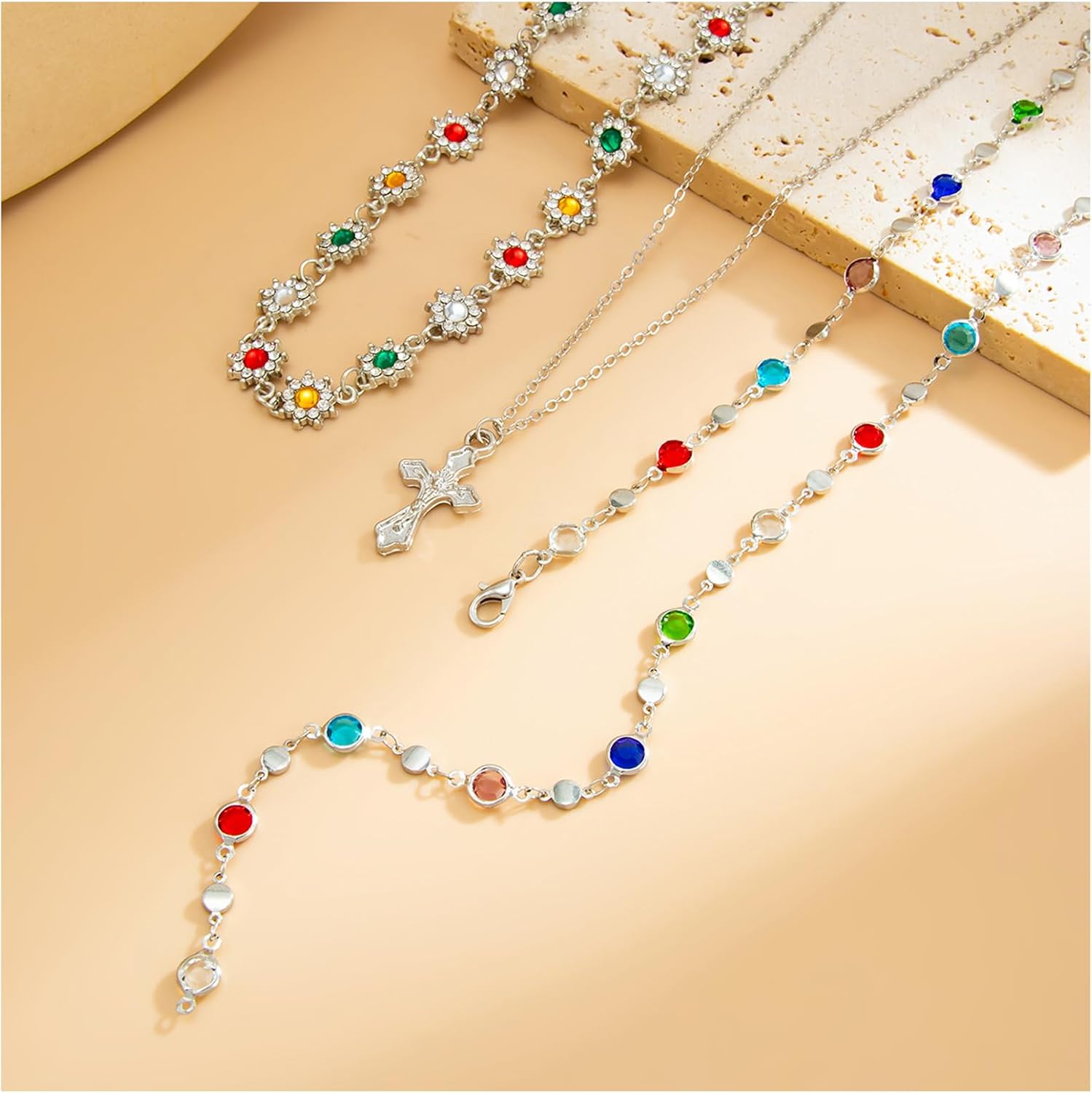 Colorful Rhinestone Choker Necklace,Summer Beach Multi Layered Body Chain Jewelry Long Crystal Y Shape Cross Pendant Clavicle Chain Necklace for Women - Image 6