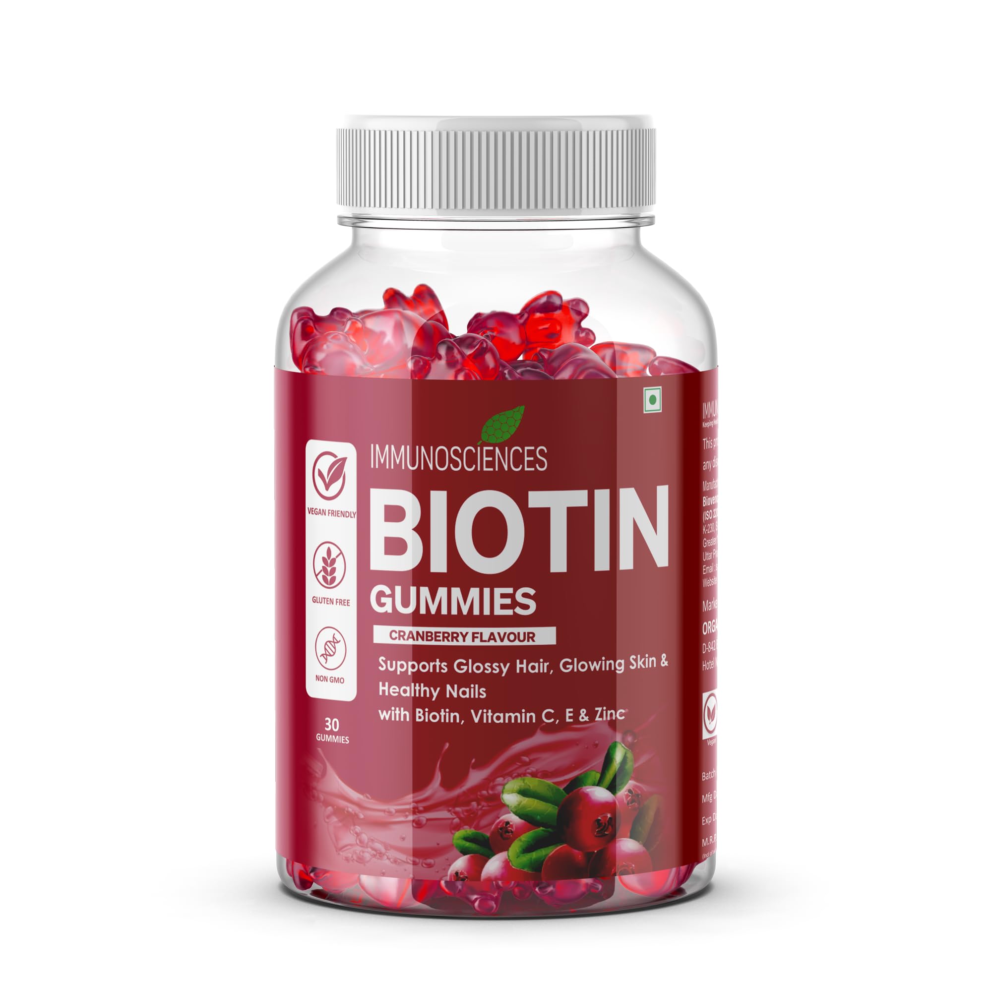 IMMUNOSCIENCES Premium Biotin Gummies for Women & Men, Support Glossy Hair, Glowing Skin & Healthy Nails, B7 Biotin Gummy with Vitamin C, E & Zinc, Vegan & Gluten Free, Cranberry Flavour - 30 Count (B0CR473JLJ) Amazon Price History, Amazon Price Tracker
