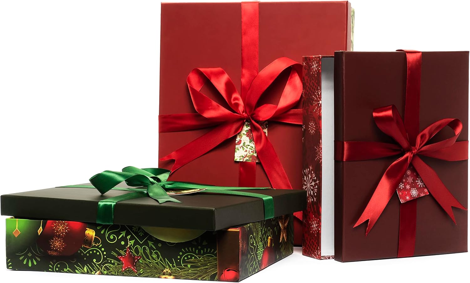 Christmas Nesting Gift Boxes Rectangle 3 Pack Cardinal Ornament and Snowflake Design Christmas Stacked Apparel Box with Lids in Assorted Sizes for Gift Giving Holiday Decorative Gifts Present Wrapping