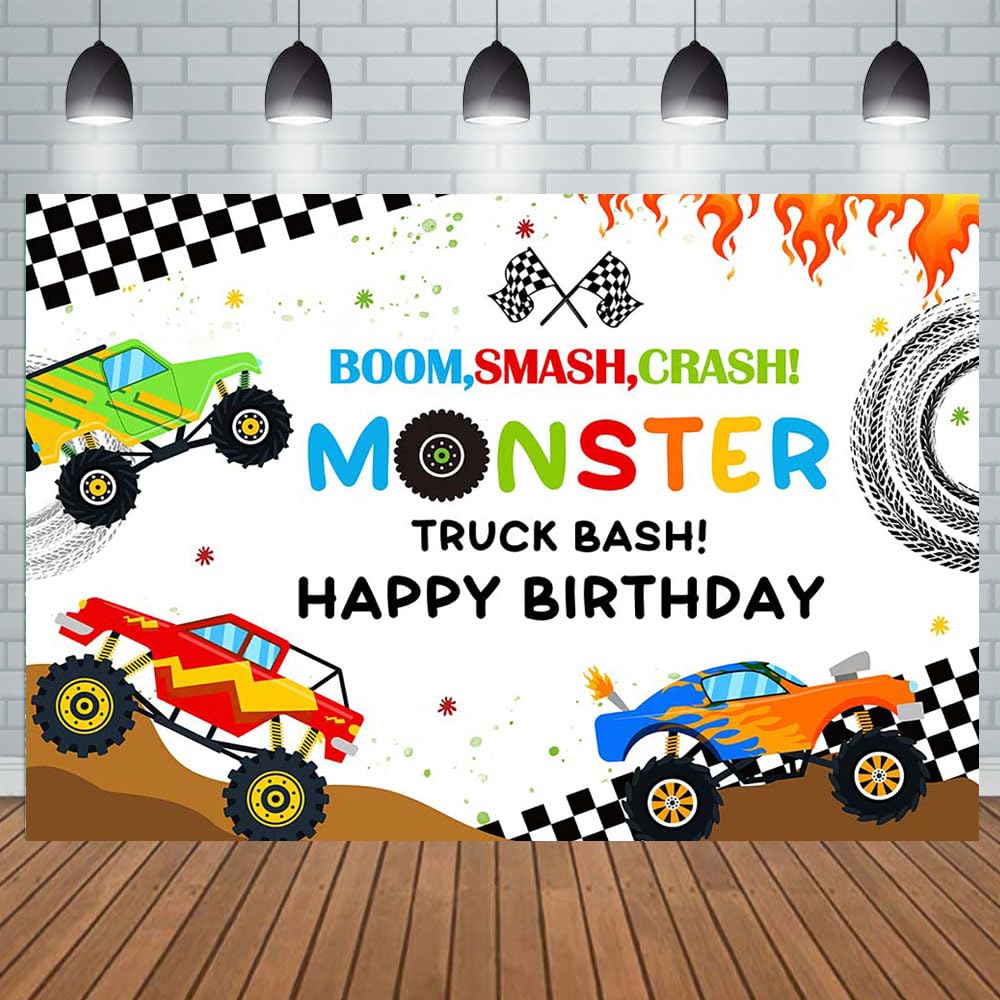 Aperturee 5x3ft Truck Birthday Party Backdrop Monster Boys Kids Racing Car Cute Vehicle Smash Crash Truck Bash Track Jam Burning Flame Car Grave