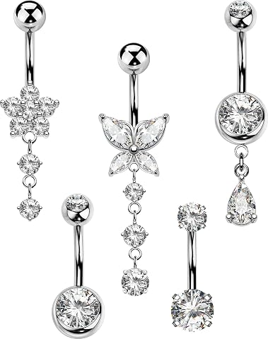5PCS Belly Button Rings for Women 14G Dangle Navel Piercing Jewelry Set Surgical