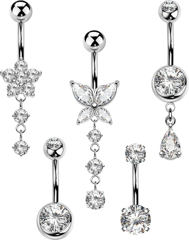 5 anillos para ombligo para mujer, 14 G, juego de joyería para piercing de ombligo, joyería quirúrgica de acero inoxidable para el cuerpo con circonita cúbica, flor de mariposa, barra en forma de lágrima para festival de playa diario