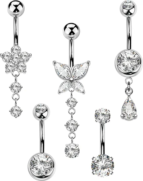 5PCS Belly Button Rings for Women 14G Dangle Navel Piercing Jewelry Set Surgical Stainless Steel Body Jewelry with CZ Butterfly Flower Teardrop Barbell for Beach Festival Daily Sliver
