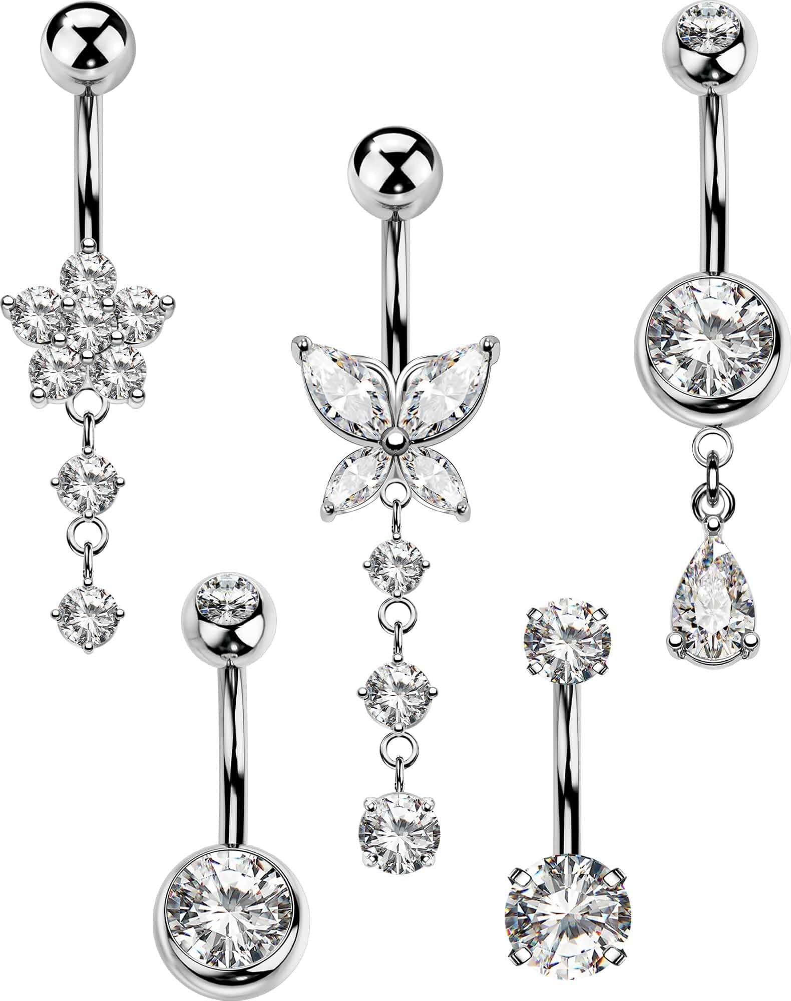 5PCS Belly Button Rings for Women 14G Dangle Navel Piercing Jewelry Set Surgical Stainless Steel Body Jewelry with CZ Butterfly Flower Teardrop Barbell for Beach Festival Daily