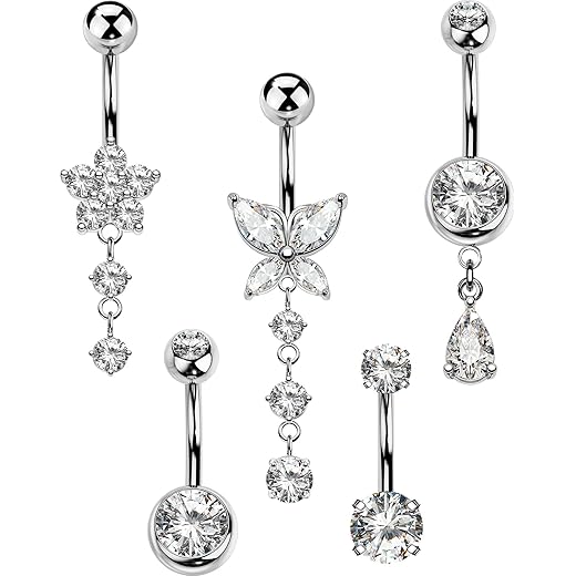 5PCS Belly Button Rings for Women 14G Dangle Navel Piercing Jewelry Set Surgical Stainless Steel Body Jewelry with CZ Butterfly Flower Teardrop Barbell for Beach Festival Daily