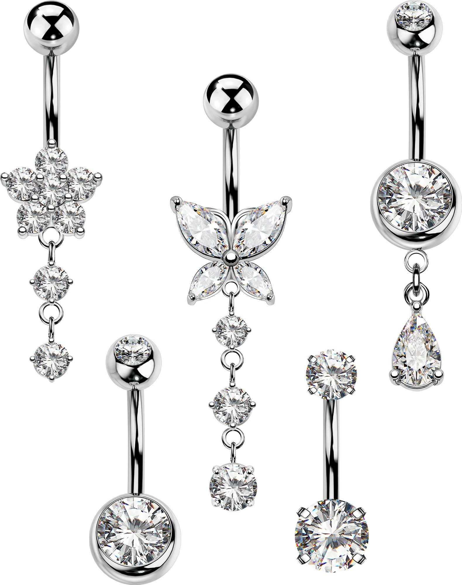 5PCS Belly Button Rings for Women 14G Dangle Navel Piercing Jewelry Set Surgical Stainless Steel Body Jewelry with