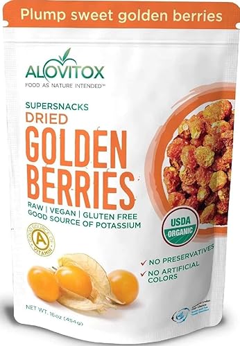 Alovitox Bayas doradas secadas al sol, crudas, frescas y orgánicas USDA Sin gluten, veganas Cerezas secas con potasio, hierro, fibra dietética,
