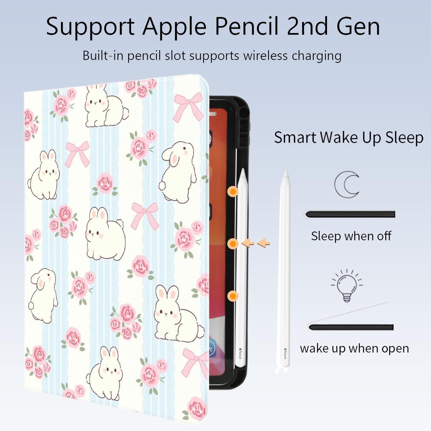 Cute Kawaii Bunny Bow for iPad Air 13 Inch Case M3 2025/M2 2024/iPad Pro 12.9 Inch Case with Pencil Holder, Auto Sleep/Wake and Multiple Viewing Angles, Leather Soft TPU Back Cover