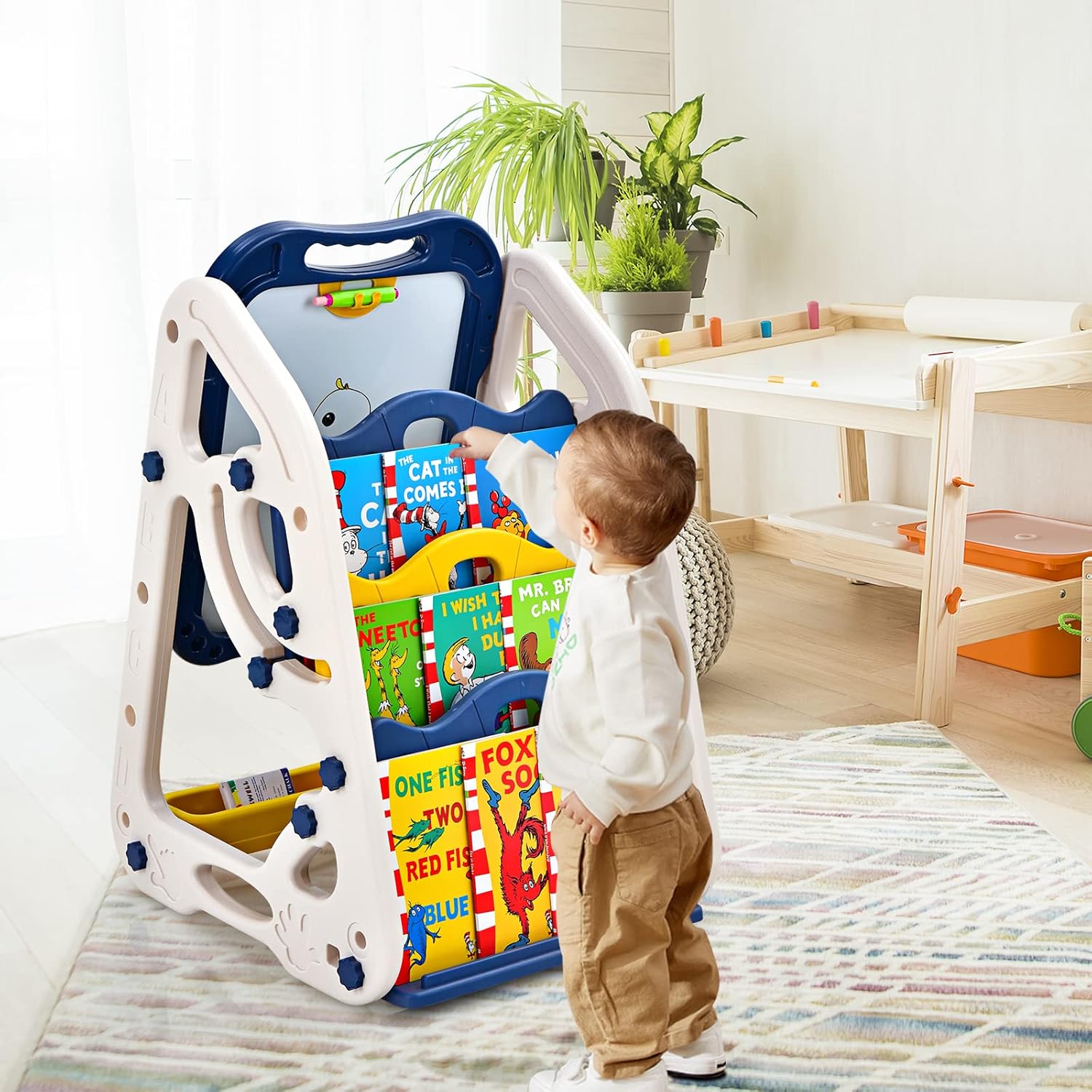 GLACER 3-in-1 Kids Easel w/Book Rack, Toddler Art Center w/Double Sided Chalkboard & Whiteboard & Adjustable-Height Bookshelf, Standing Art Easel for Kids, Gift for Boys & Girls