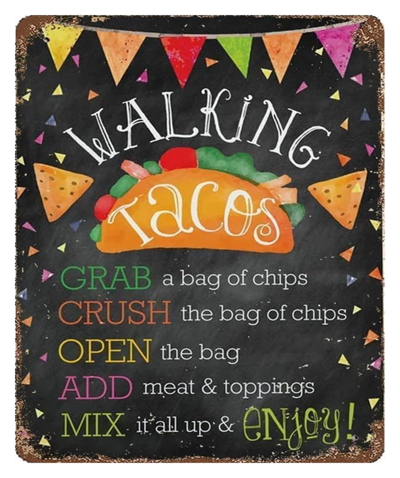 MQXFCZUX Retro Mexican Fiesta Metal Tin Sign Vintage Walking Tacos Theme Kitchen Bar Wall-Art Party Decor 8 X 12 Inch