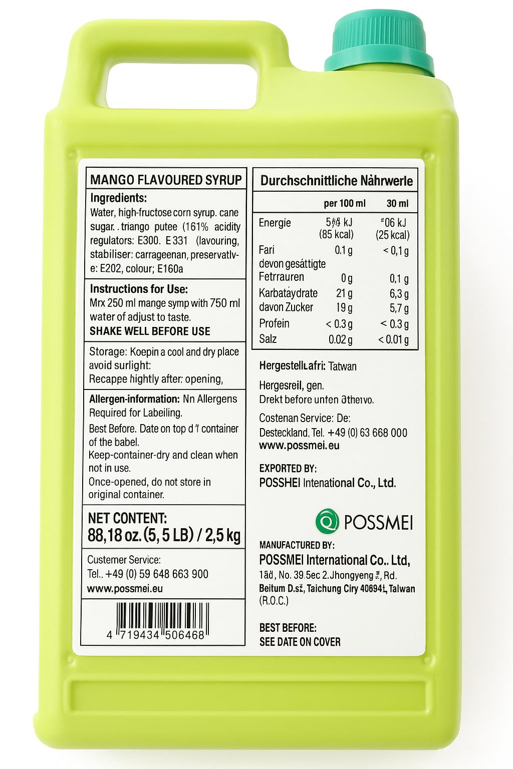 POSSMEI Sirope de Mango 2.5 kg – Concentraco Profesional para Bebidas, Cocteles, Smoothies, Postres y Helados – Apto Vegano, Sabor Tropical Intenso