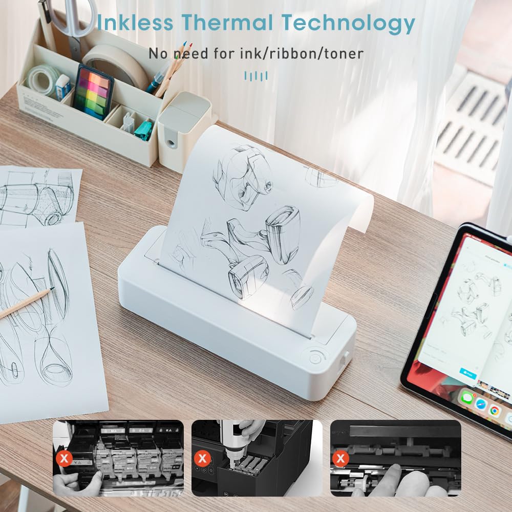 iOCHOW Impresora Térmica Portátil A4: Impresora Móvil Inalámbrica Compatible con Android e iOS, Pequeñas Impresoras Bluetooth sin Tinta para Uso en El Hogar, la Escuela y la Oficina