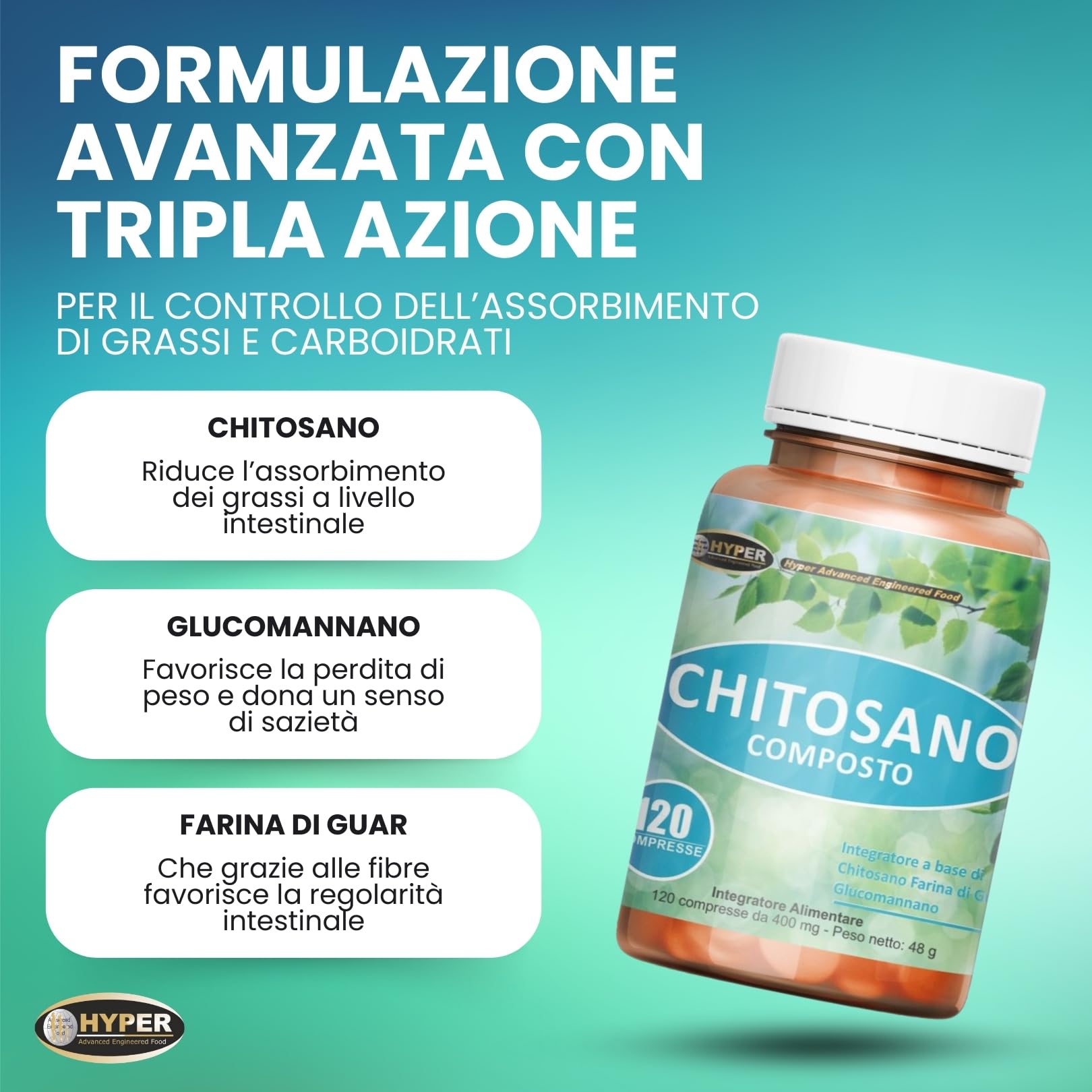 Hyper Chitosano Glucomannano 3x120 Compresse - Dimagrante che Favorisce la Perdita di Peso agendo come Brucia grassi e Riduce la Fame Nervosa riducendo i carboidrati ed i ed i Grassi Assorbiti