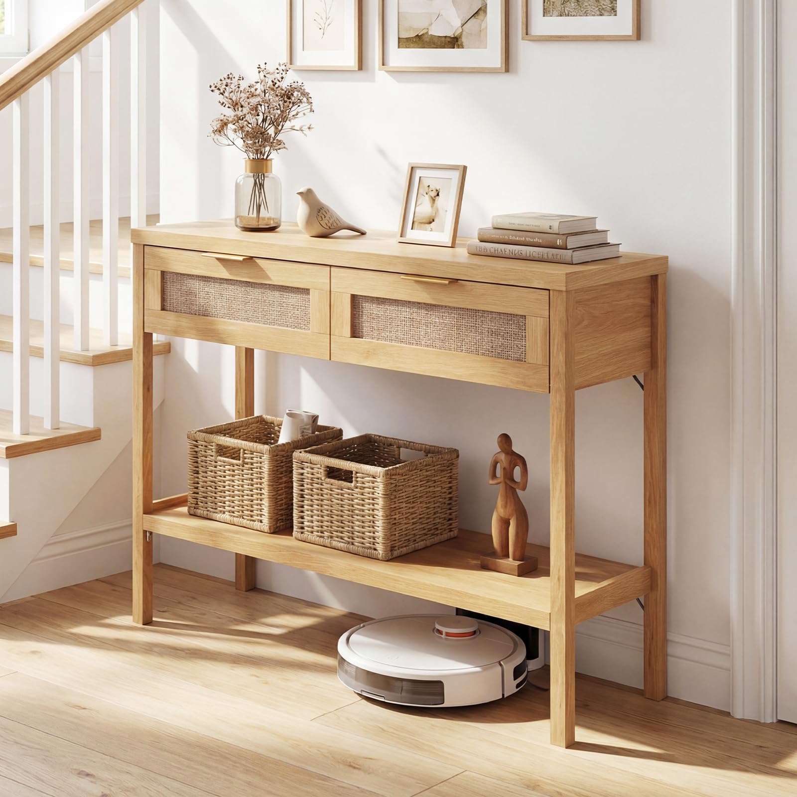COSTWAY Tavolo Consolle, Tavolino da Divano in Legno con Doppio Cassetto, Ripiano Inferiore e Ampio Piano, Kit Antiribaltamento, Consolle per Ingresso, Corridoio e Soggiorno (Naturale)