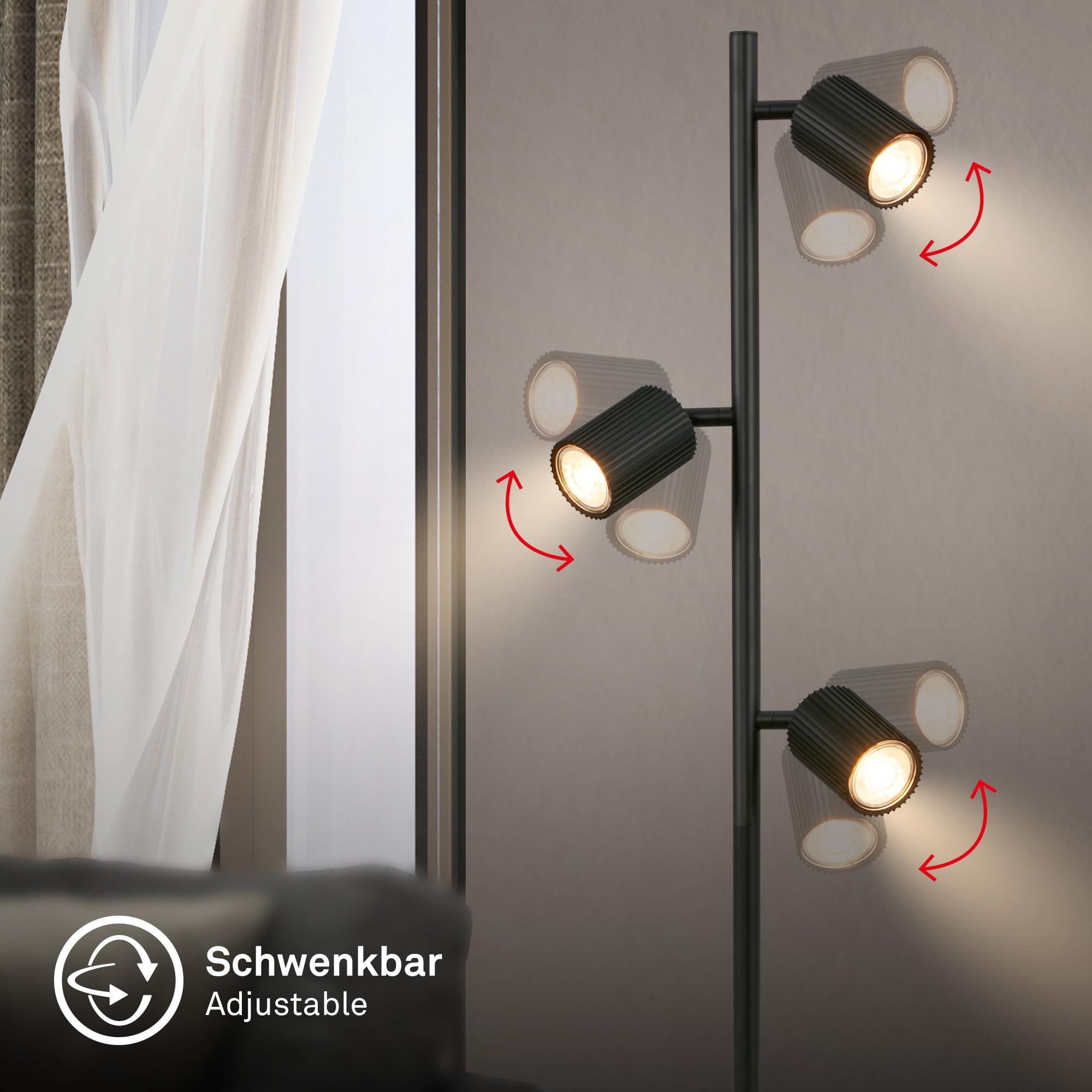 BRILONER - Stehlampe mit Fußtaster, 3x GU10, Schwenkbar, 22x141cm, Schwarz