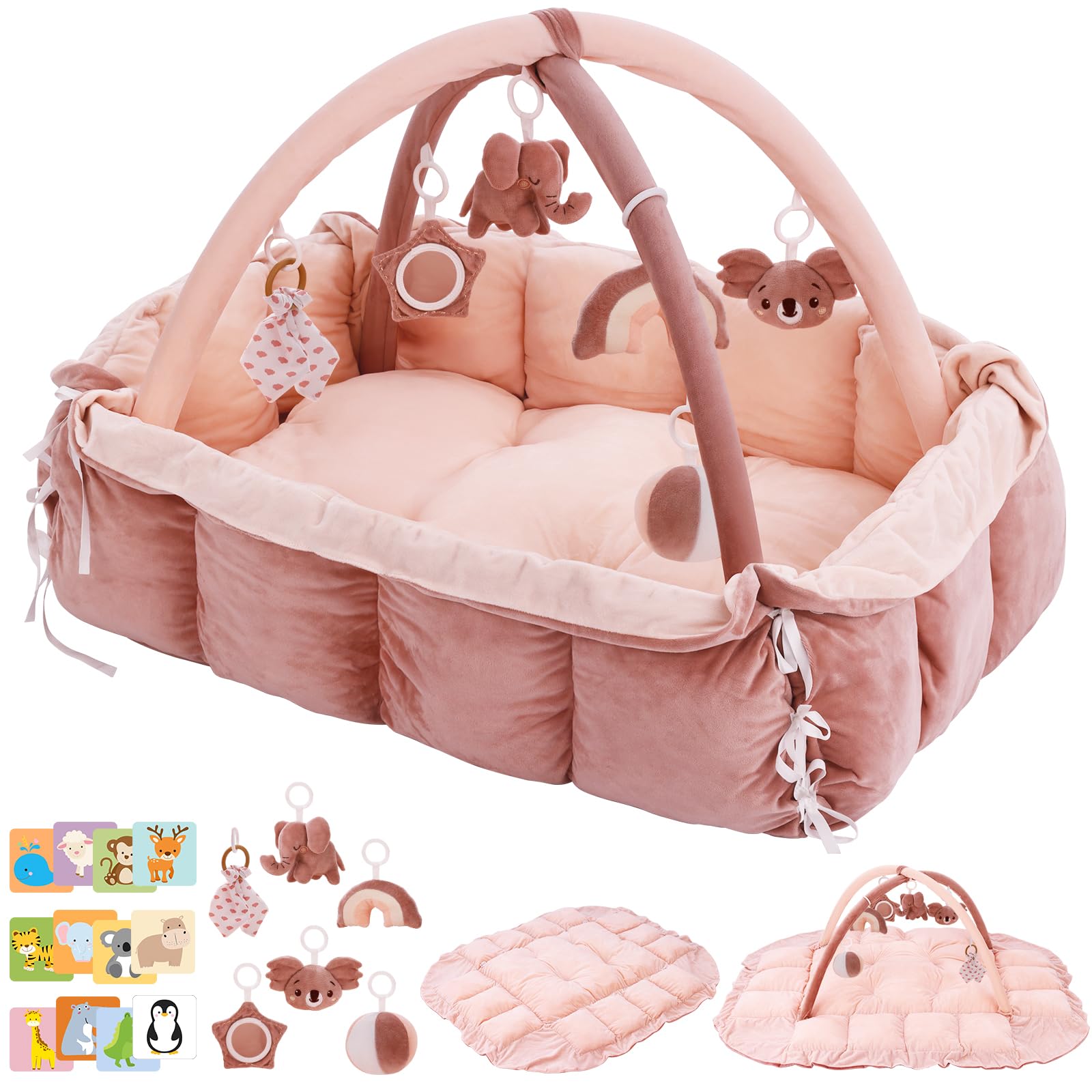 Photo 1 of 5-in-1 Baby Play Gym and Tummy Time Mat, 12 Learning Cards, Plush Activity Mat with 6 Toys, Baby Gym, Convertible to Ball Pit, Baby Gift, Pink