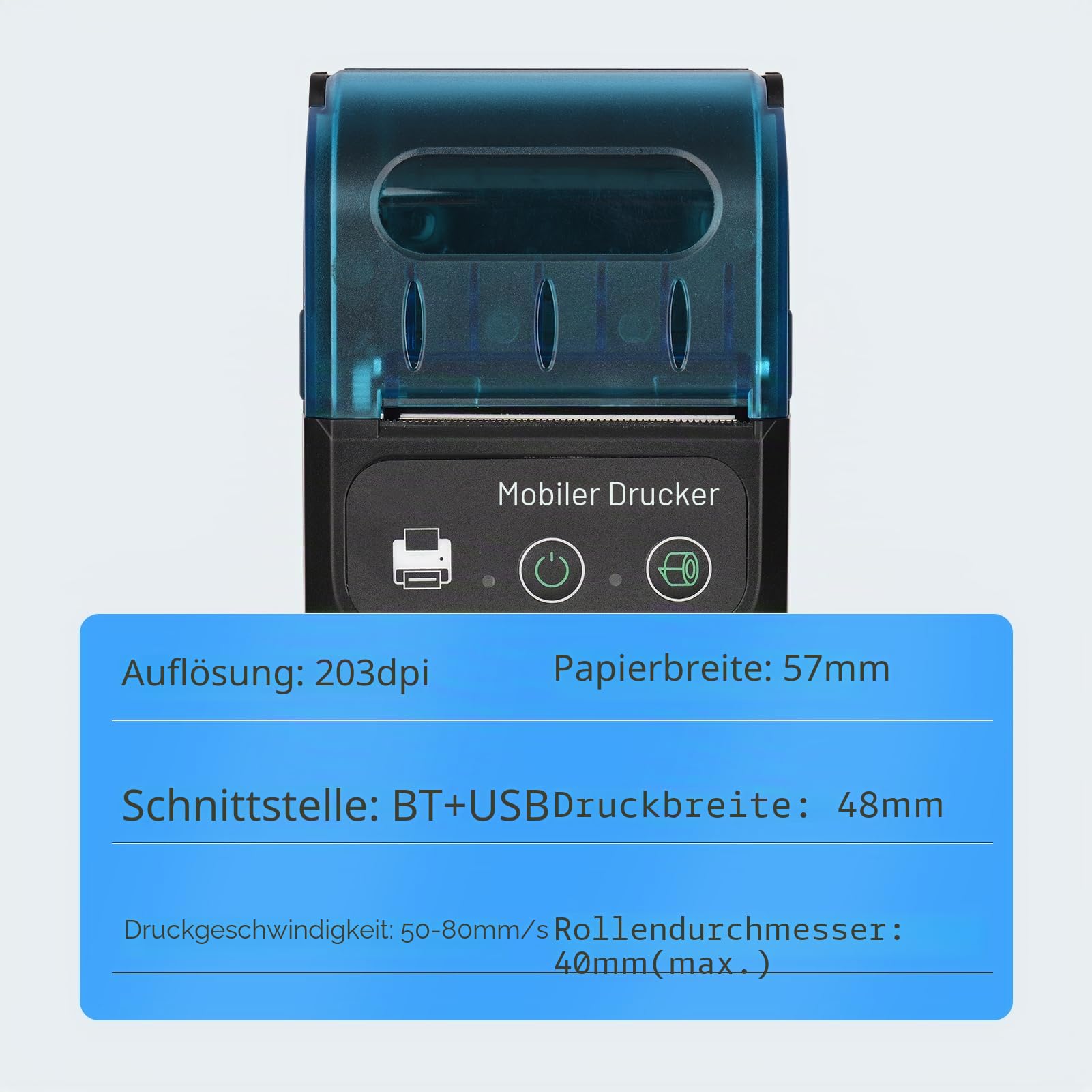 Thermo Belegdrucker, 58 mm Mini Tragbarer Thermodrucker Taschendrucker mit 11 Rollen Thermopapier, USB Verbindung und Kabelloser BT, für Büro Supermarkt Restaurant