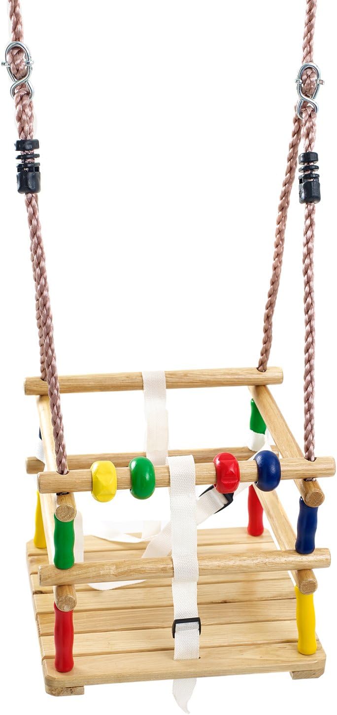 Hardwood Baby Swing Seat (Beech) with Safety Harness and Play Beads Lovely Cradle Swing for Garden or Nursery