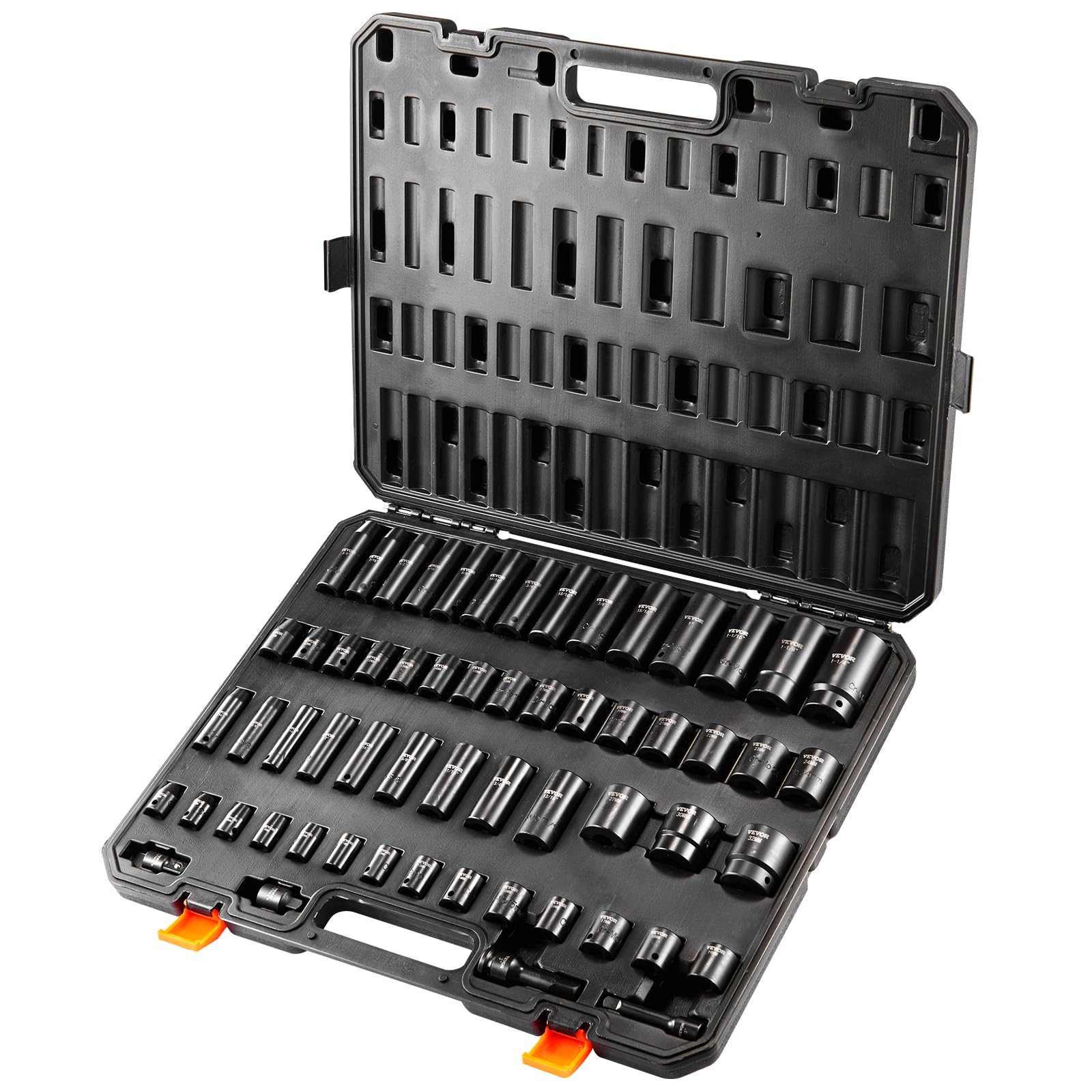 VEVOR Set di bussole per avvitatore a percussione da 3/8 e 1/2 pollici, Set di 59 bussole SAE da 5/16 a 1-1/4 pollici e metrico 6-32 mm, Acciaio legato Cr-Mo a 6 punti per riparazioni auto officina