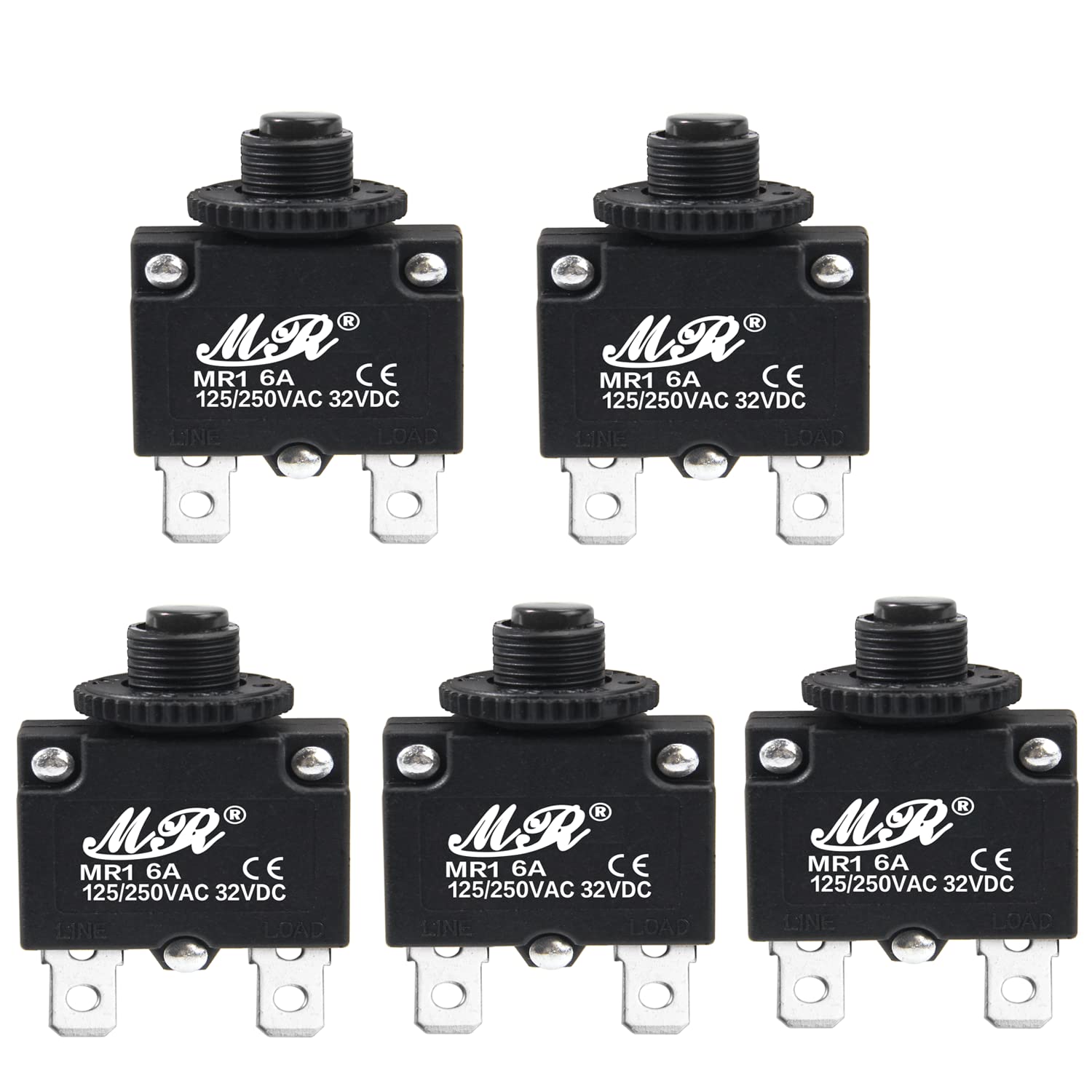 Bumbesti 5Pcs 32VDC,AC125-250V Thermal Overload Protector Push Button Reset Circuit Breakers 6A