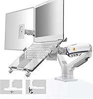 NB North Bayou F160-FP Laptop Monitor Mount: Adjustable Tray for 10-17" Laptops, Full Motion VESA Arm for 17-30" Monitors, White Clamp/Grommet