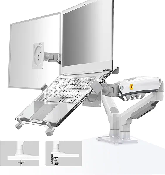 NB North Bayou Laptop Mount with Adjustable Tray for 10-17”Notebook, Full Motion Arm with VESA Plate for 17-30”Monitor,Clamp-on Grommet Mounting F160-FP (White)