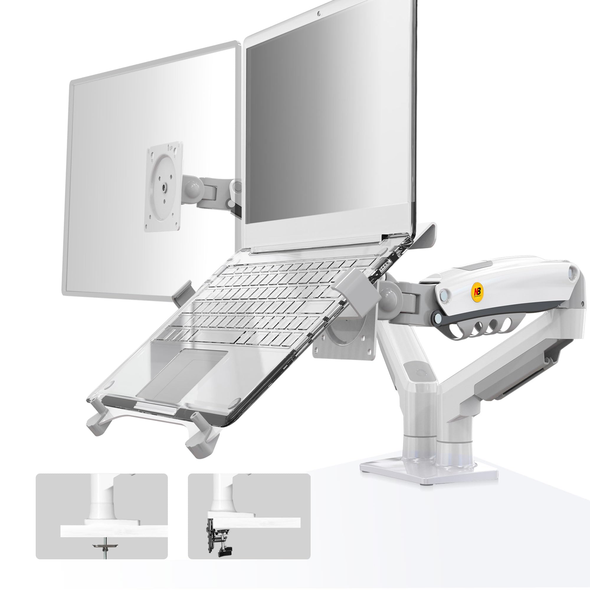Laptop Mount with Adjustable Tray for 10-17”Notebook, Full Motion Arm with VESA Plate for 17-30”Monitor,Clamp-on Grommet Mounting F160-FP (White)