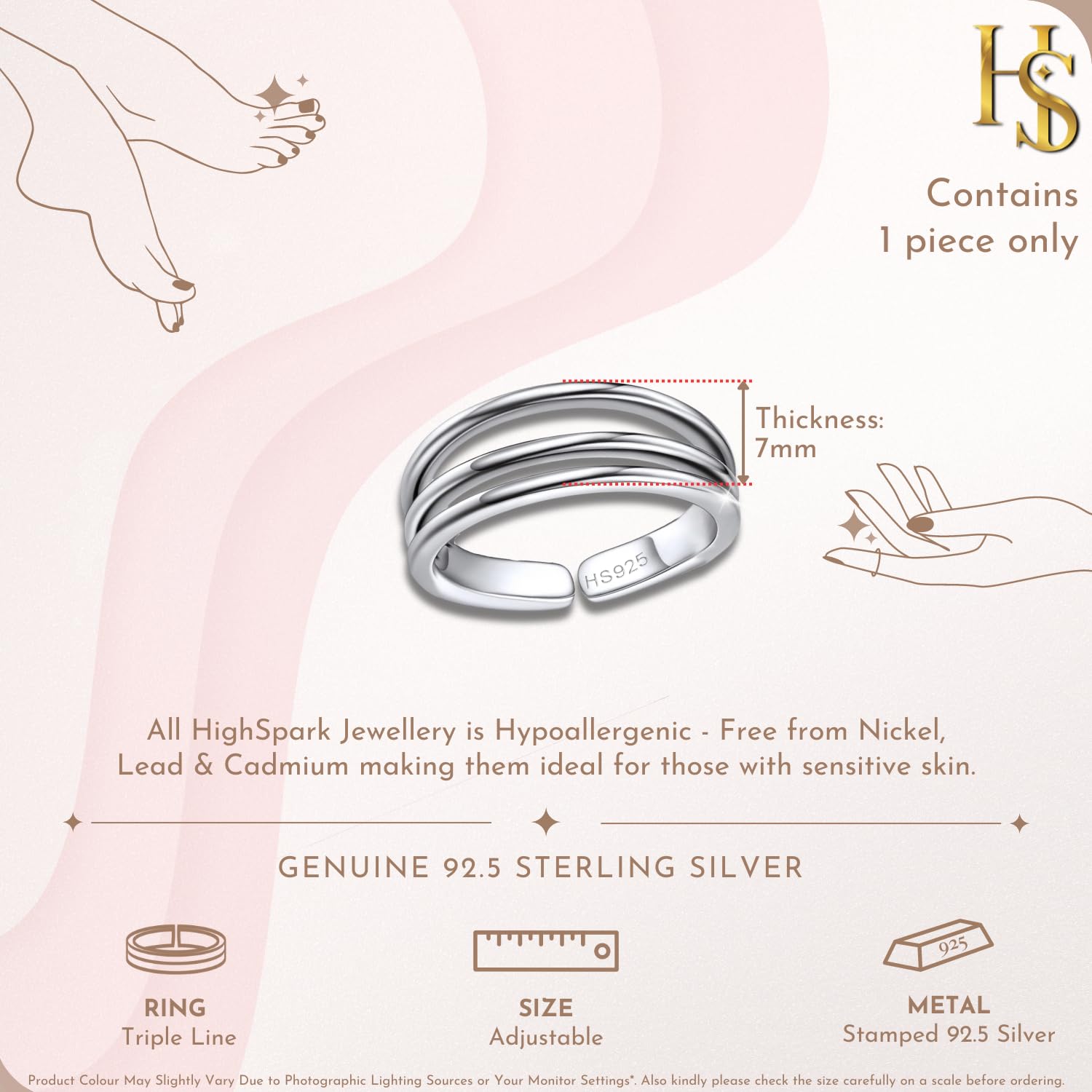 HighSpark Silver Toe Ring for Women | 92.5 Sterling Silver Hypoallergenic Adjustable Toe Rings | Minimal & Elegant Designs - Triple Line 1