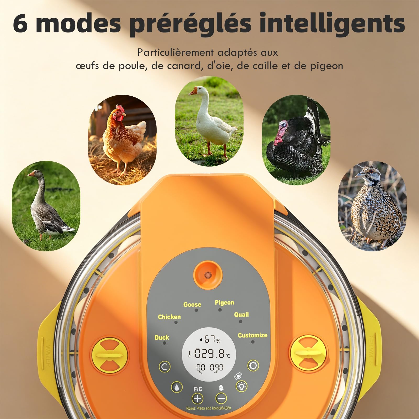 Couveuse Automatique 15 Œufs, Incubateur d’Œufs avec 5 Modes, Retournement Automatique, Contrôle Température et Humidité, Mire-Œufs Intégré pour Poule, Caille, Canard