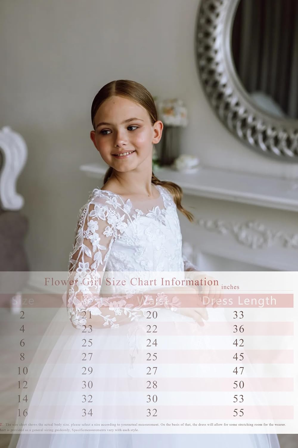 Flower Girls Dresses for Wedding Lace Appliques Party First Communion Dresses Long Sleeves Gowns 16 White