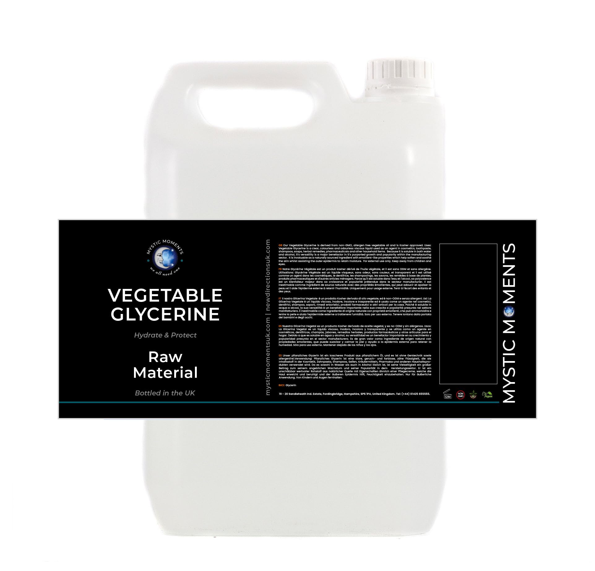 Mystic Moments | Vegetable Glycerine Liquid 5kg | 99.5% Pure | GMO-Free & Kosher | Natural Moisture Retainer | Cosmetic Grade | External Use Only | Clear Odourless Viscous Liquid