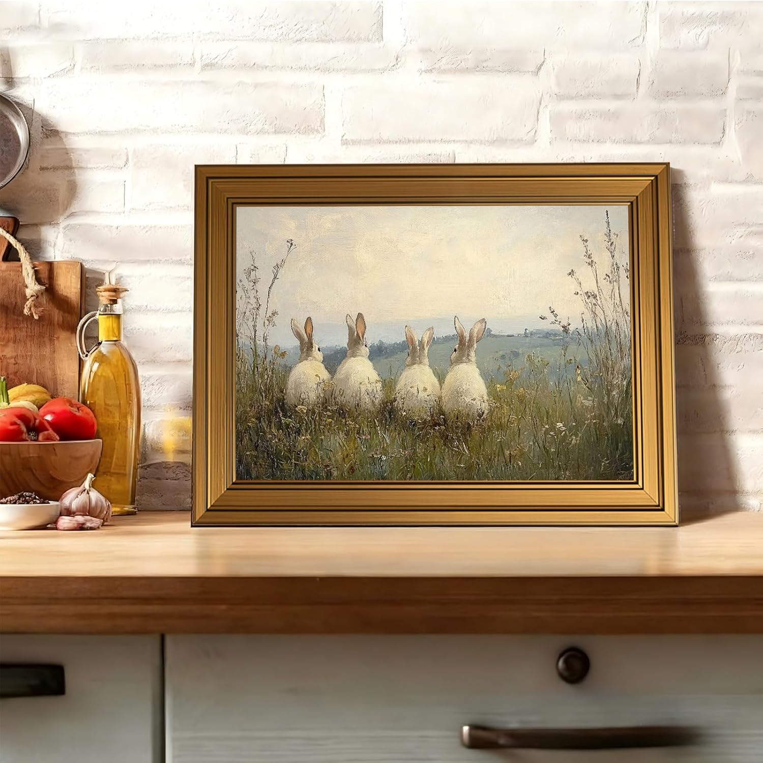 Vintage Gold Framed 3D Textured Wall Art Easter Four Rabbits In Meadow Oil Painting Wall Decor Picture Spring Cottagecore Nature Bunny Landscape Poster Print for Gallery Home Decoration 12x16in