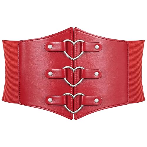 JKEEMI Women Corset Belt Metal O-Ring Heart-Ring Wide Elastic Waspie Waist Belt for Daily Cosplay Halloween Costumes - 28" fit waist: 26"-29" - Heart Red