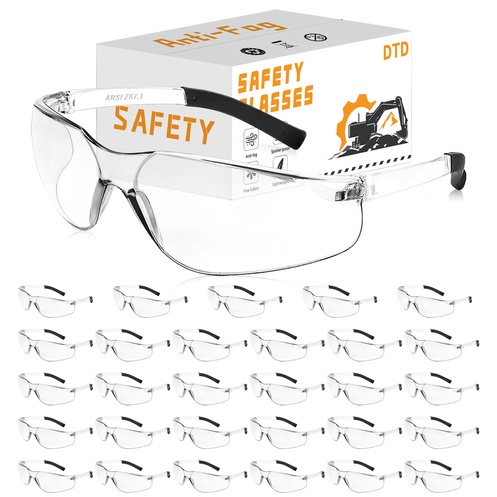 DTD Safety Glasses Anti-Fog, Impact Scratch Resistant Protective Eyewear for Construction,Gardening,Industrial Work, Industrial Work - Ergonomic Design with Soft Rubber Temples (30, Clear)