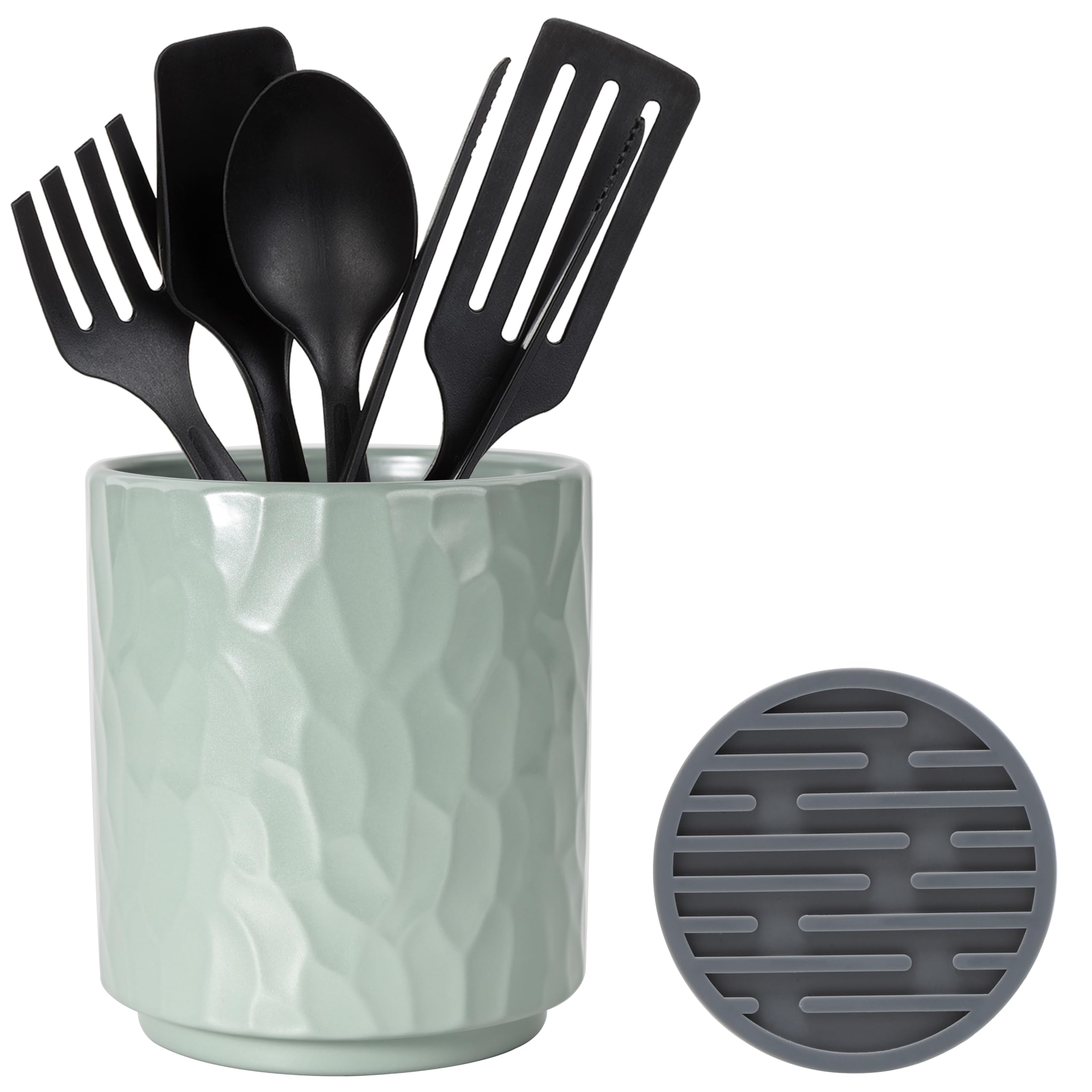 Muiltvoe Small Utensil Holder for Kitchen Counter (H5.51” x W4.92”) Ceramic Countertop Utensil Holder for Kitchen Utensils Crock for Countertop Includes Silicone Drying Mat Green