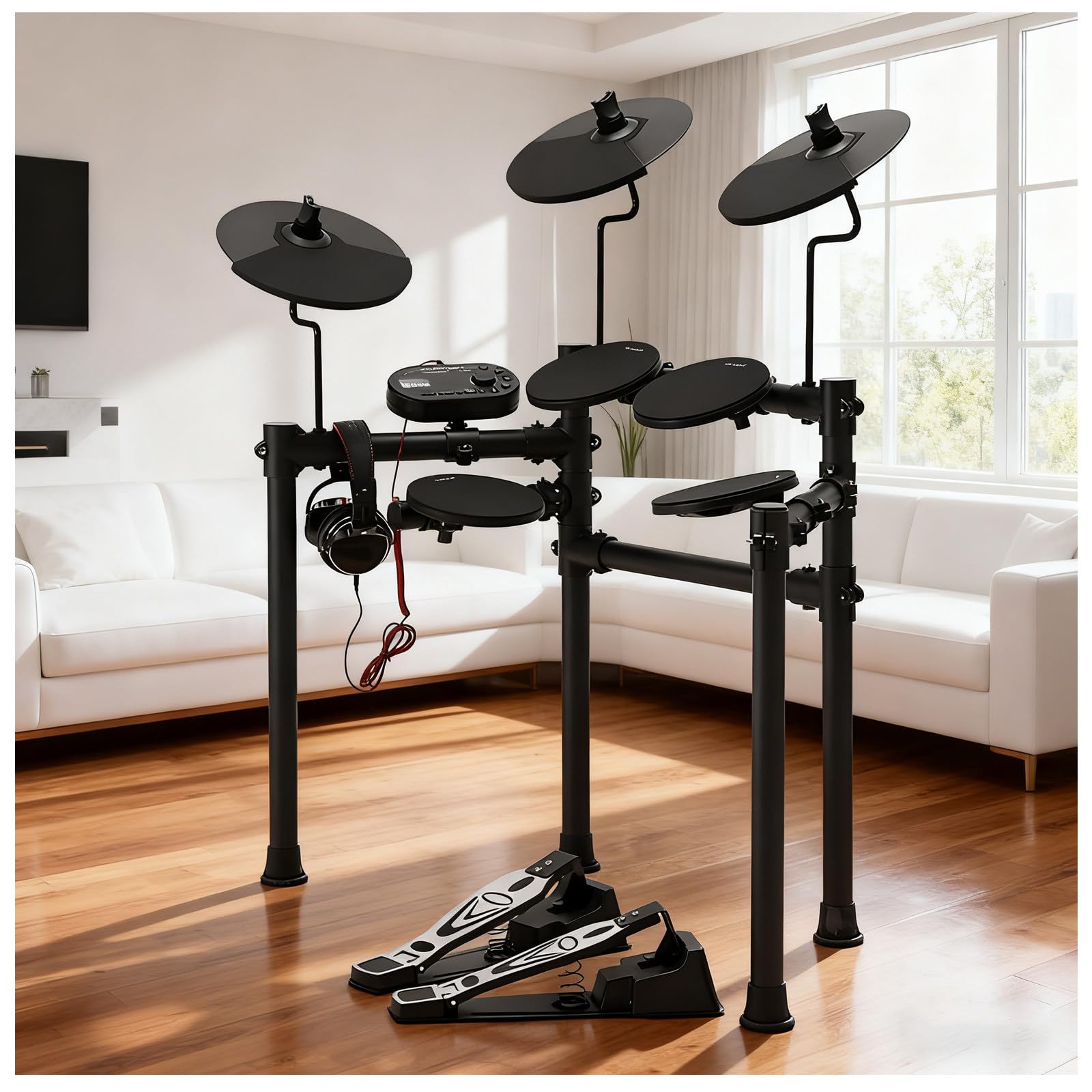 Batteria Elettronica, Batteria Elettronica con Piatti, 2 Pedali, Sgabello, 128 Suoni, Bacchette, Cuffie, Struttura in Acciaio Stabile, USB Midi, Grigia, per Principianti E Bambini Standard