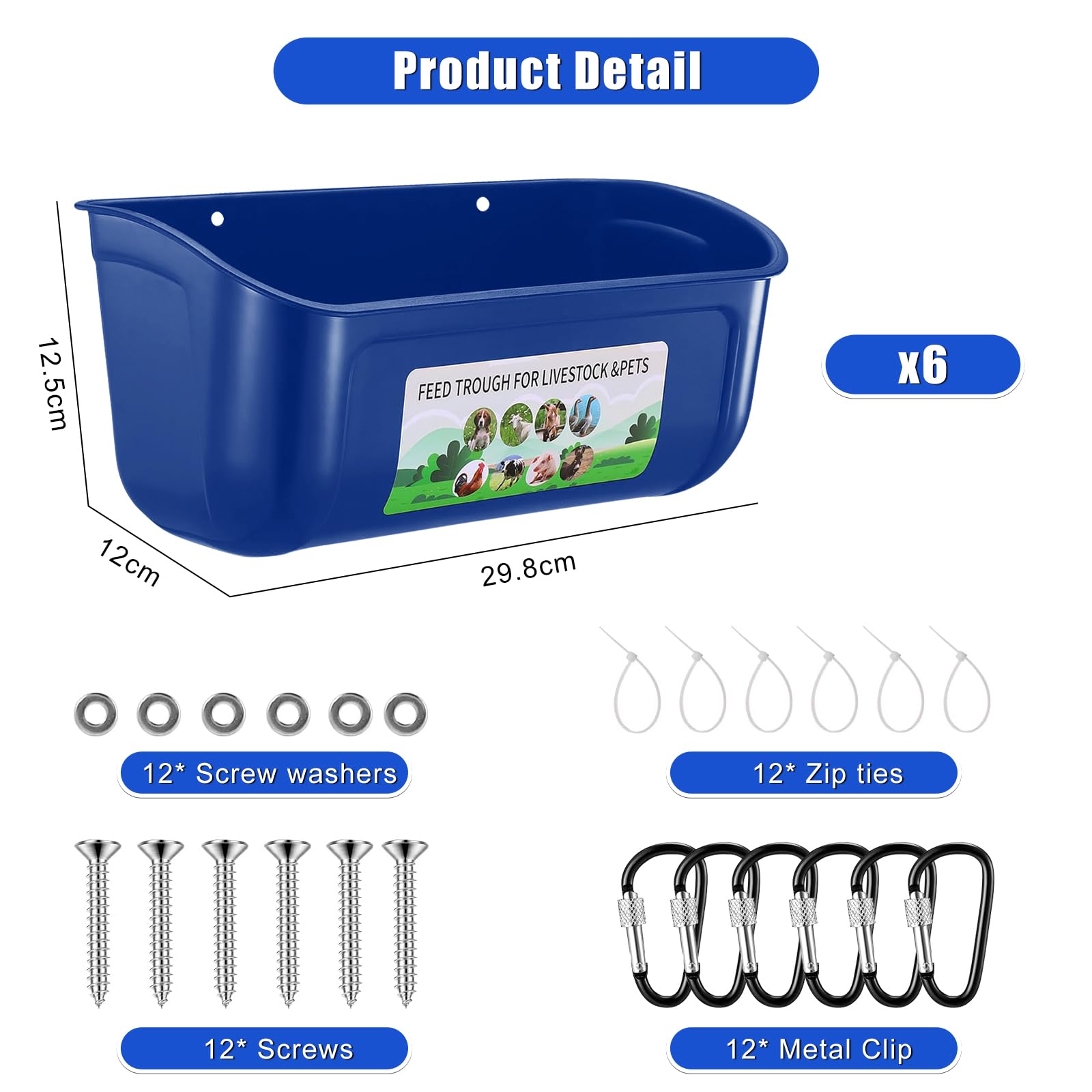 Alimentador de pollo, comedero colgante para pollo, paquete de 6 suministros de comedero de pato, cabra, cerdito, oveja, gallinero, perro, ganado, aves de corral, cubo de plástico con clips, azul
