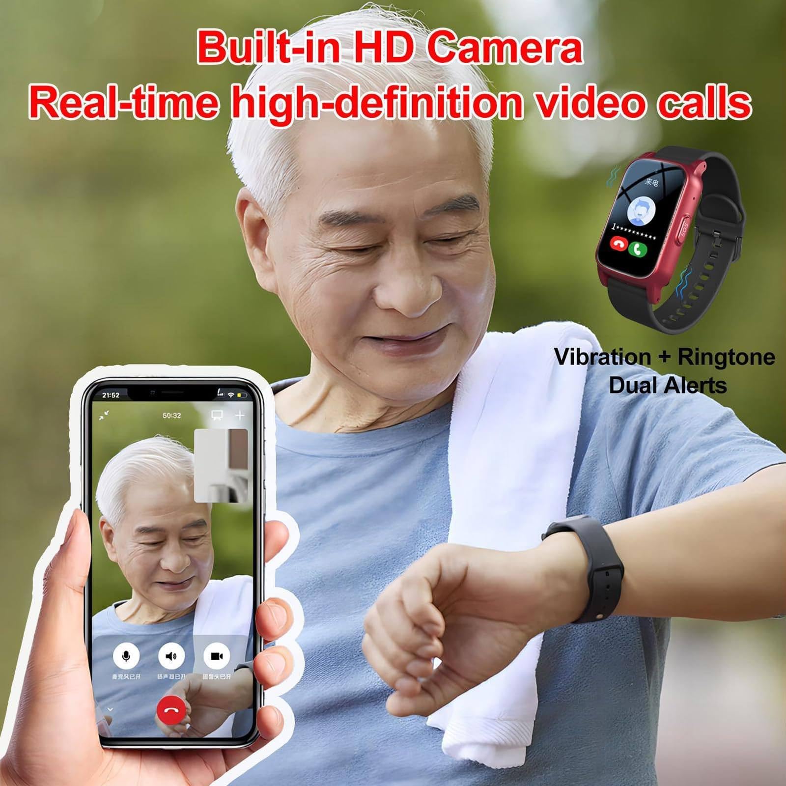 Smartwatch per Anziani con Demenza, Allarme di Caduta, Localizzatore GPS, Chiamata di Emergenza SOS, Videochiamata HD, Impermeabile Ip67. Black